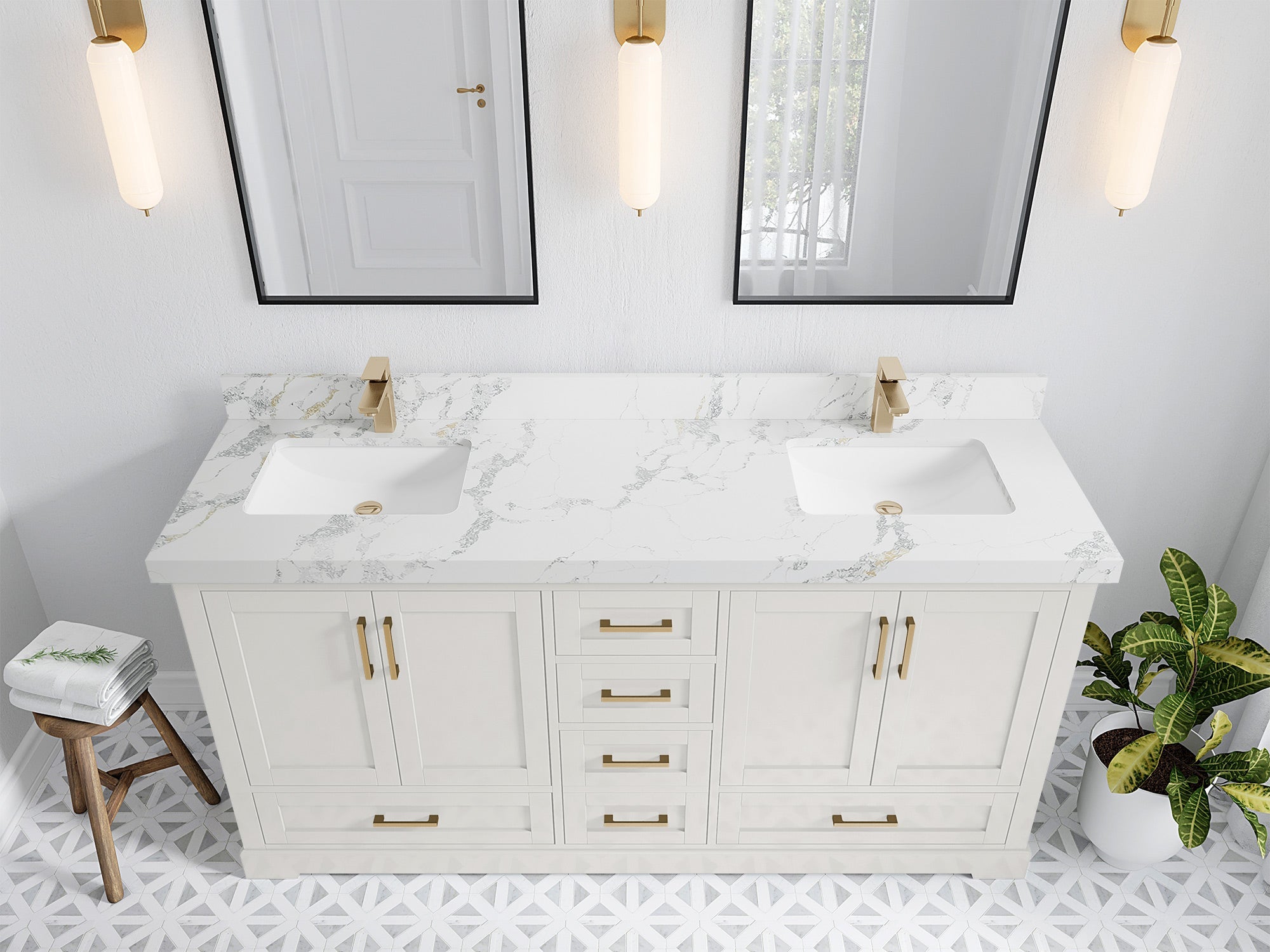 Boston 72 in. W x 22 in. D Double Sink Bathroom Vanity in Alabaster with 2 in Calacatta Poanazzo Quartz Countertop - Top View