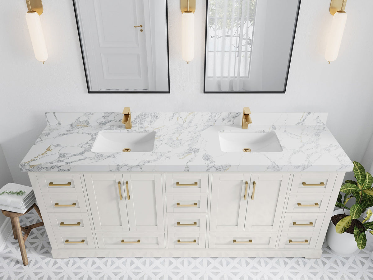 Boston 84 in. W x 22 in. D Double Sink Bathroom Vanity in Alabaster with 2 in Calacatta Poanazzo Quartz Countertop - Top View