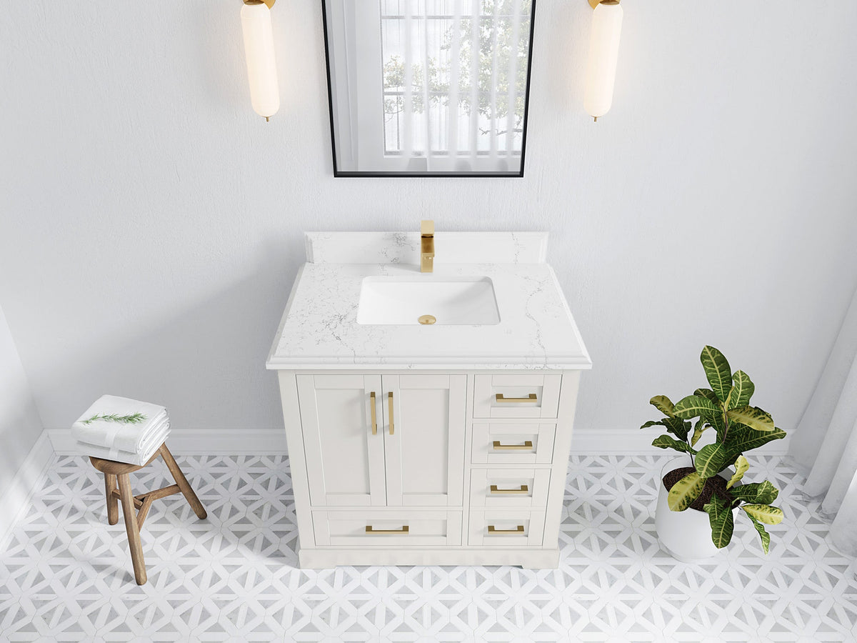 Boston 36 in. W x 22 in. D Single Sink Bathroom Vanity in Alabaster with 1.5 in Double Cove Edge Empira White Quartz Countertop - Top View