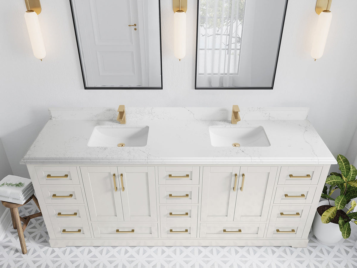 Boston 84 in. W x 22 in. D Double Sink Bathroom Vanity in Alabaster with 1.5 in Double Cove Edge Empira White Quartz Countertop - Top View