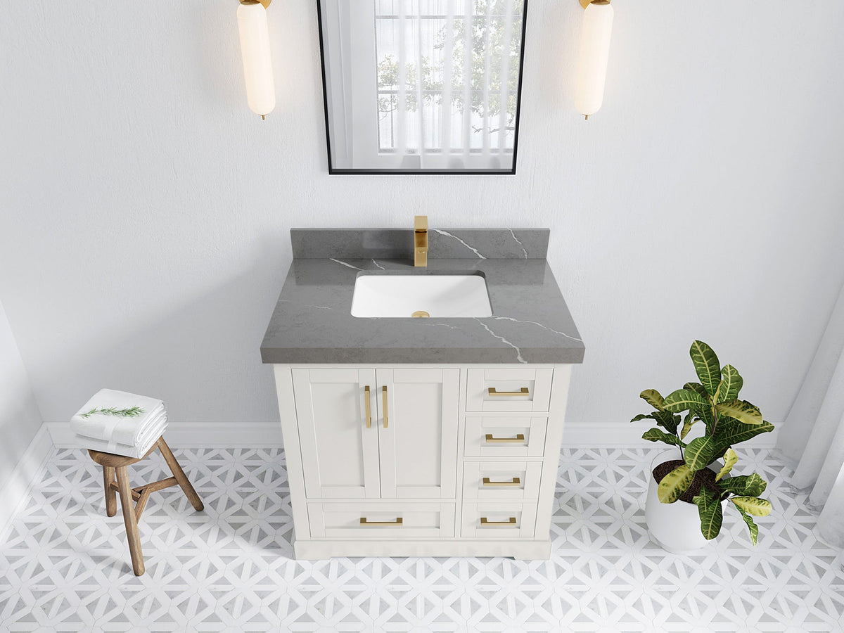 Boston 36 in. W x 22 in. D Single Sink Bathroom Vanity in Alabaster with 2 in Piatra Gray Quartz Countertop - Top View