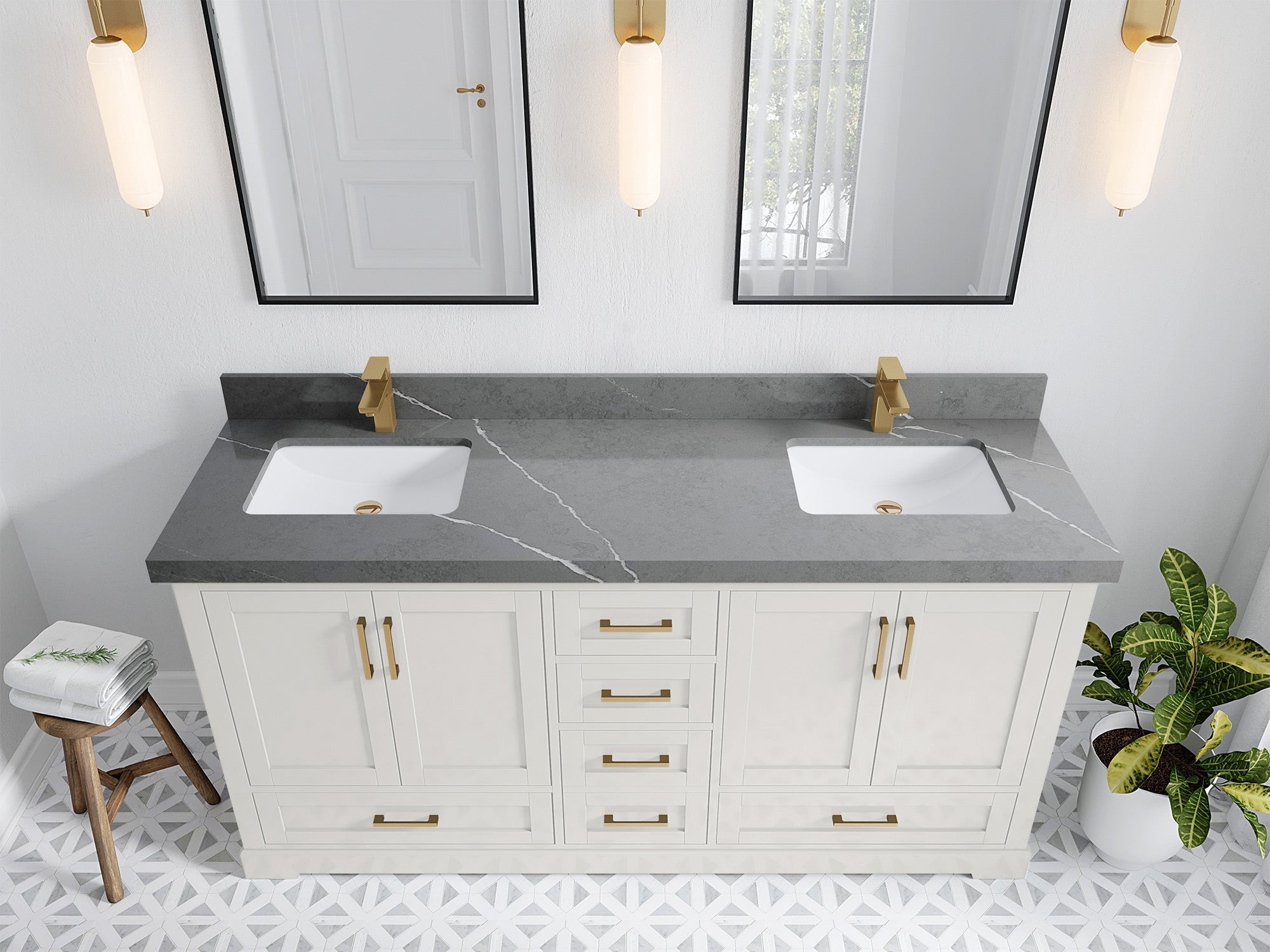 Boston 72 in. W x 22 in. D Double Sink Bathroom Vanity in Alabaster with 2 in Piatra Gray Quartz Countertop - Top View
