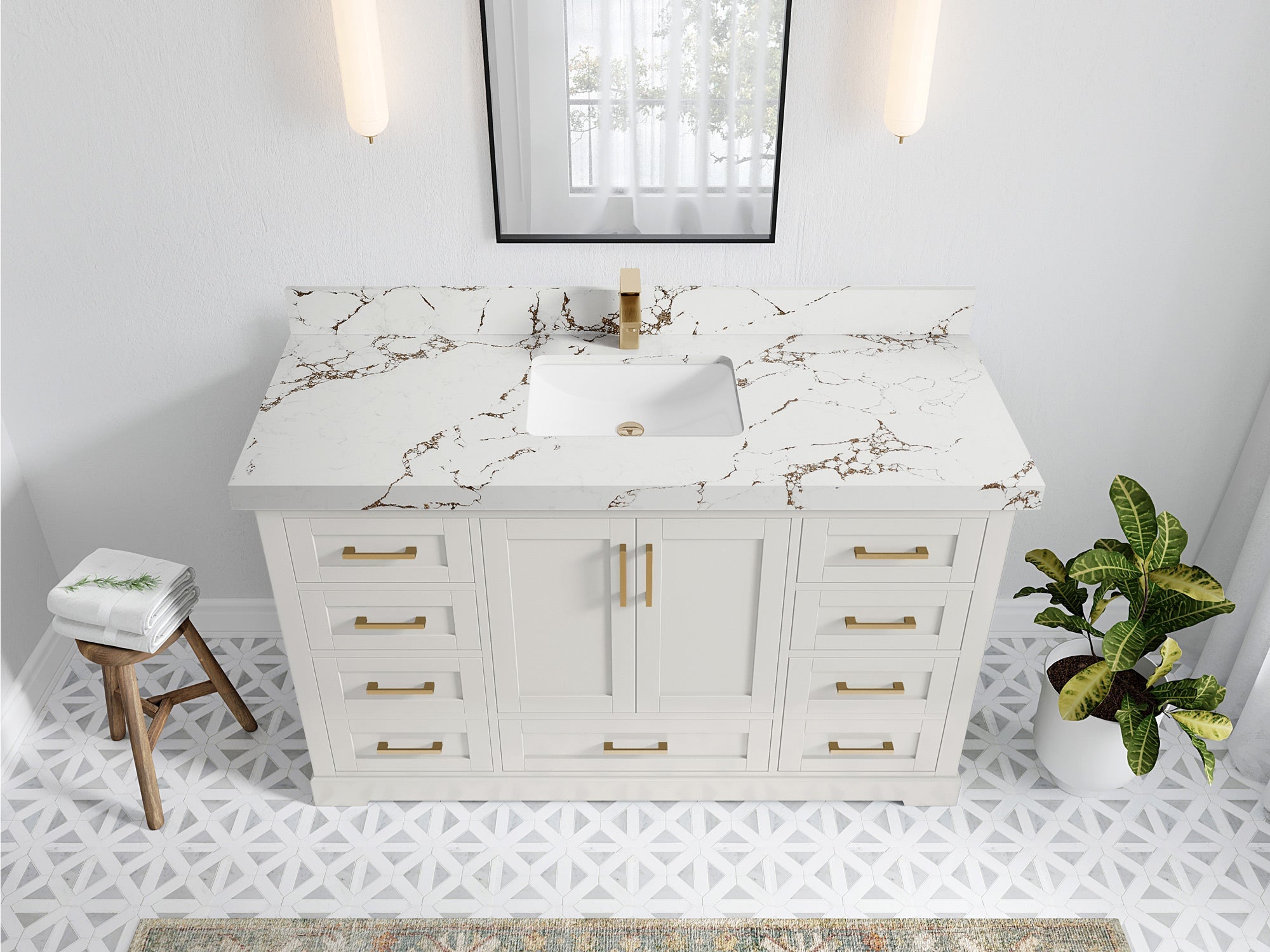 Boston 60 in. W x 22 in. D Single Sink Bathroom Vanity in Alabaster with 2 in Viola Brown Quartz Countertop - Top View