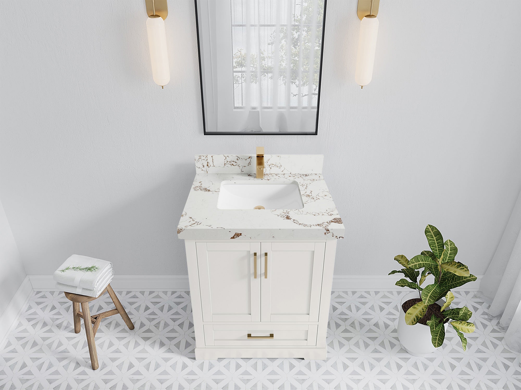 Boston 30 in. W x 22 in. D Single Sink Bathroom Vanity in Alabaster with 2 in Viola Gold Quartz Countertop - Top View