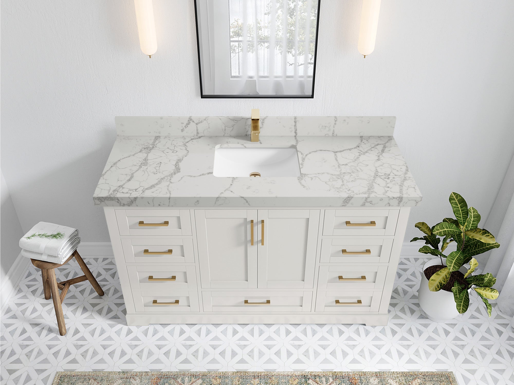 Boston 60 in. W x 22 in. D Single Sink Bathroom Vanity in Alabaster with 2 in Venatino Quartz Countertop - Top View