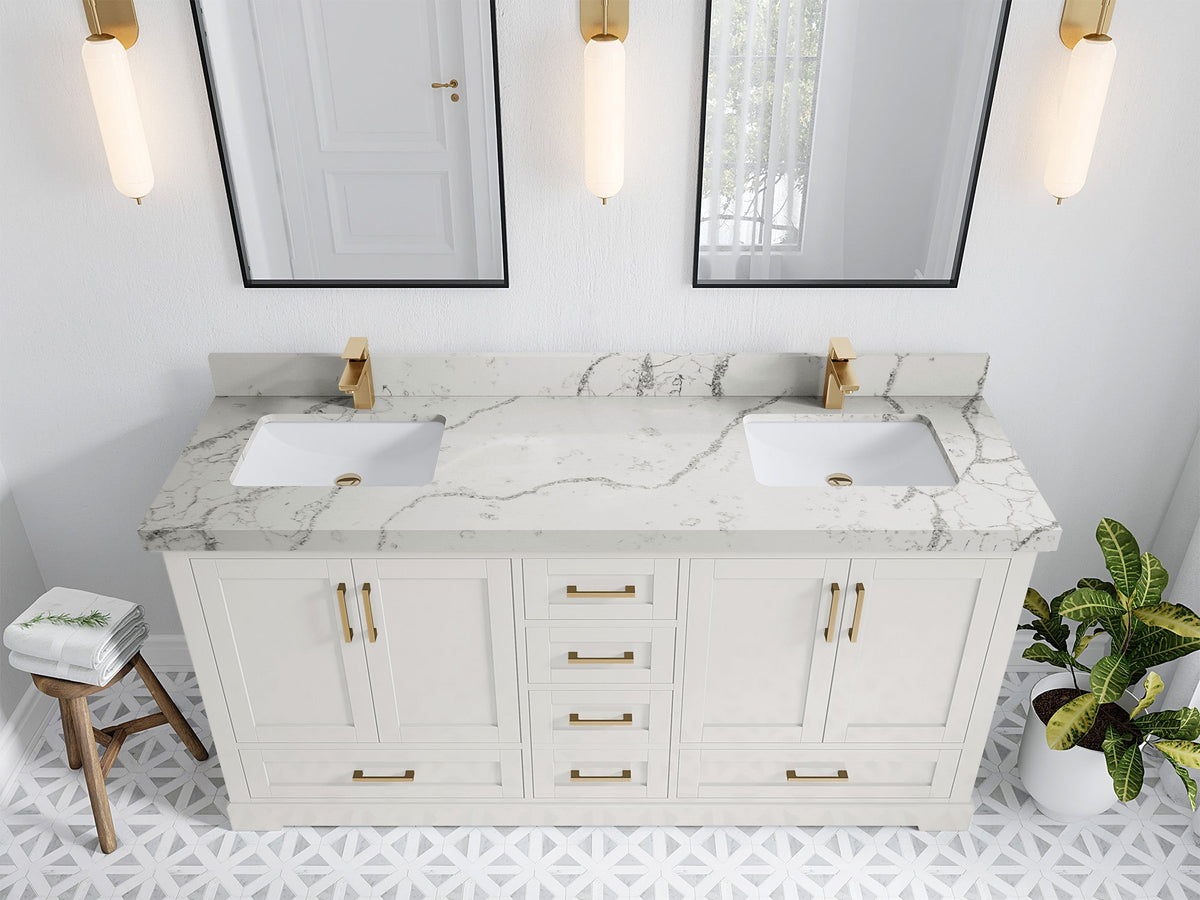 Boston 72 in. W x 22 in. D Double Sink Bathroom Vanity in Alabaster with 2 in Venatino Quartz Countertop - Top View