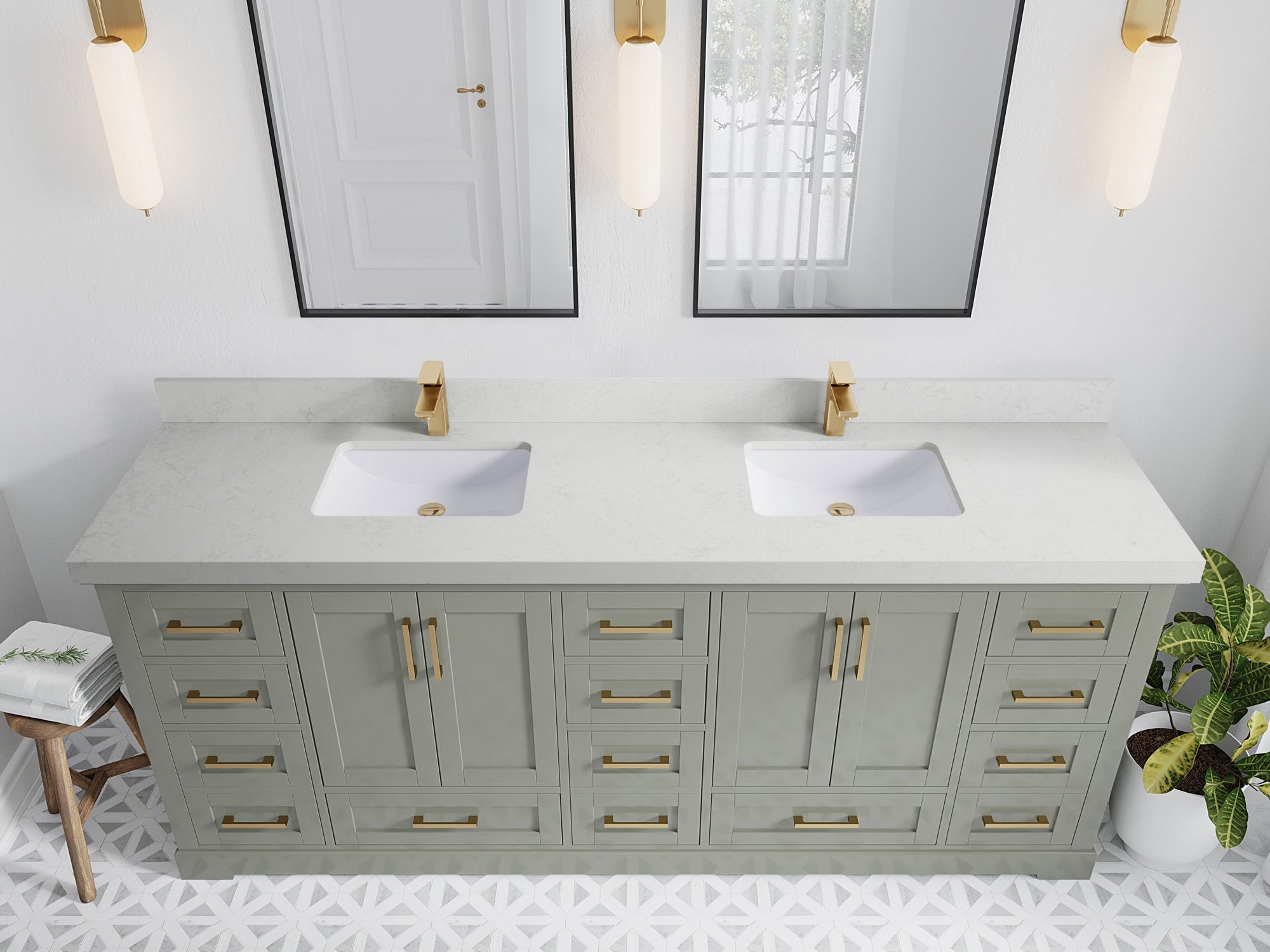 Boston 84 in. W x 22 in. D Double Sink Bathroom Vanity in Evergreen with 2 in Carrara Quartz Countertop - Top View