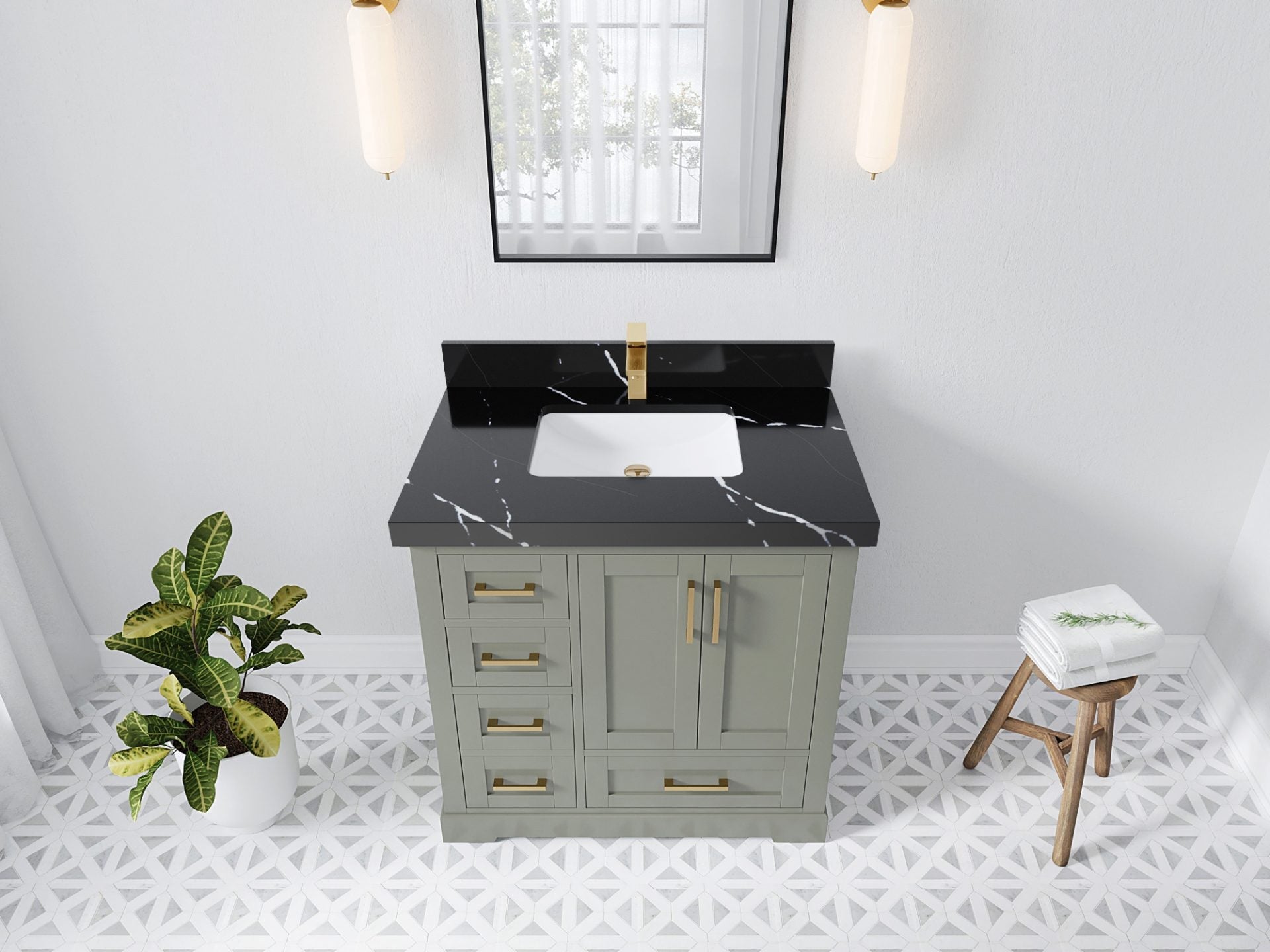 Boston 36 in. W x 22 in. D Single Sink Bathroom Vanity in Evergreen with 2 in Calacatta Black Quartz Countertop - Top View