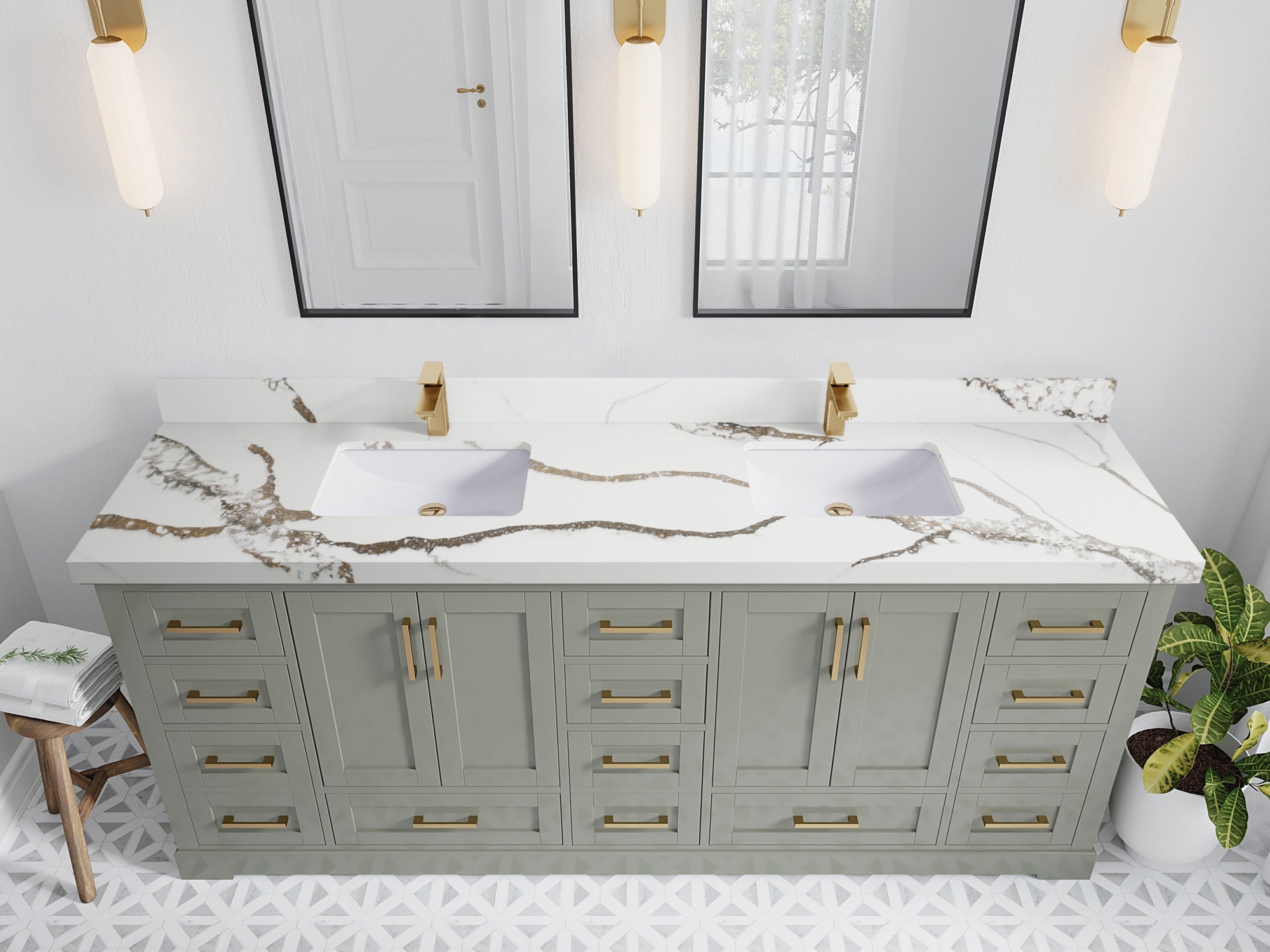 Boston 84 in. W x 22 in. D Double Sink Bathroom Vanity in Evergreen with 2 in Calacatta Gold Quartz Countertop - Top View