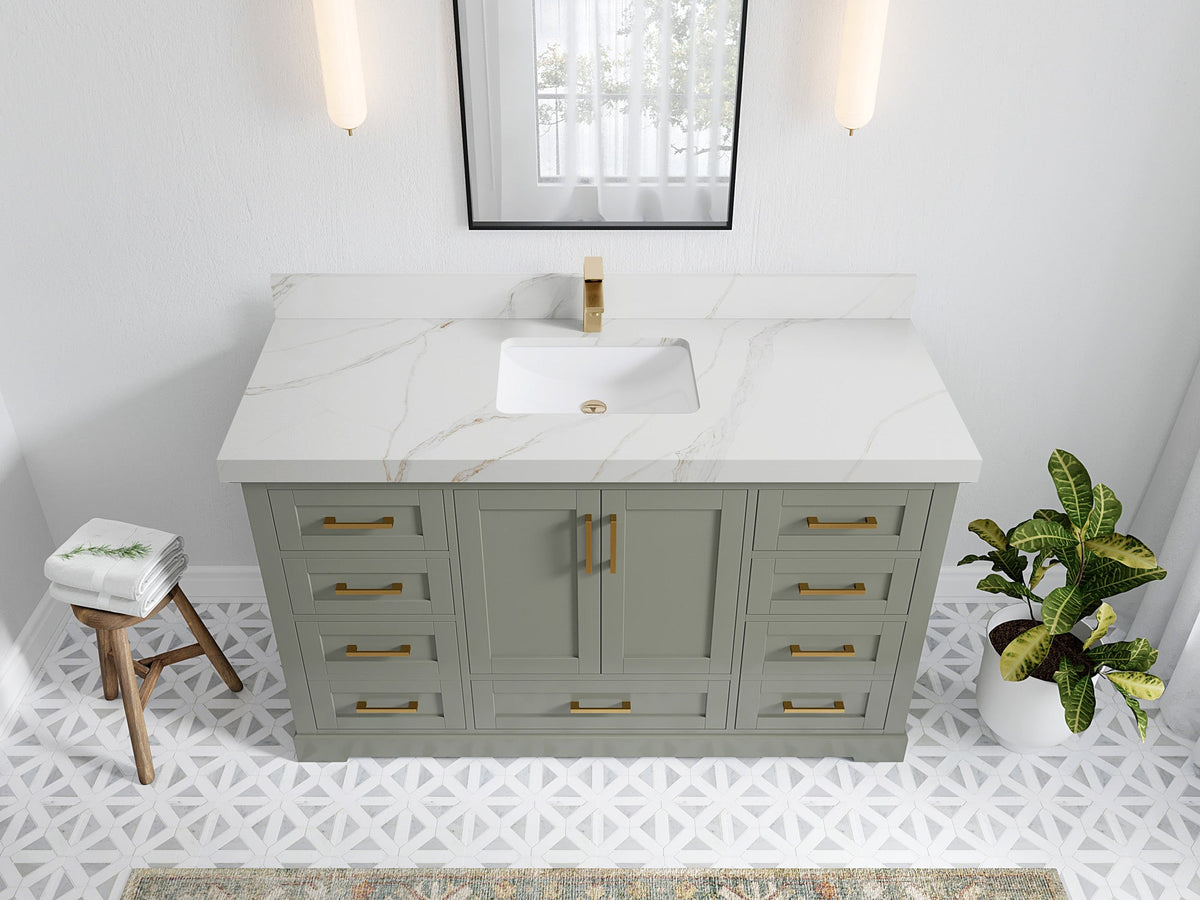 Boston 60 in. W x 22 in. D Single Sink Bathroom Vanity in Evergreen with 2 in Calacatta Sienna Quartz Countertop - Top View