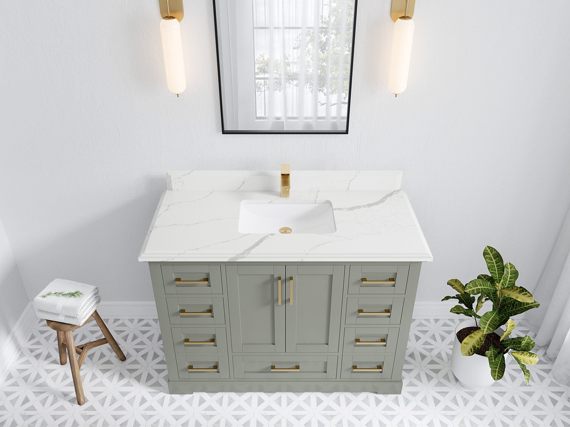 Boston 48 in. W x 22 in. D Single Sink Bathroom Vanity in Evergreen with 1.5 in Double Cove Edge Calacatta Laza Quartz Countertop - Top View
