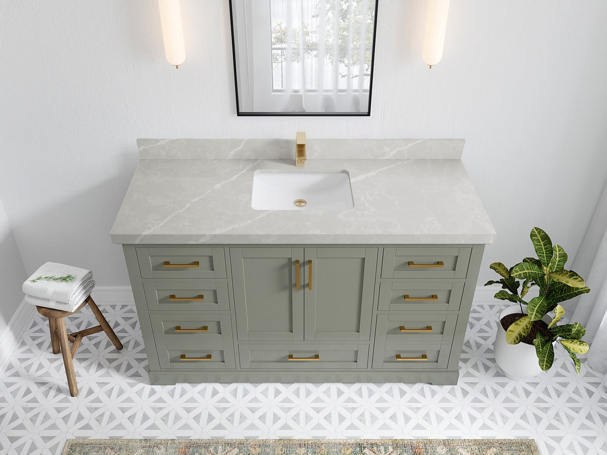 Boston 60 in. W x 22 in. D Single Sink Bathroom Vanity in Evergreen with 2 in Pearl Light Gray Quartz Countertop - Top View
