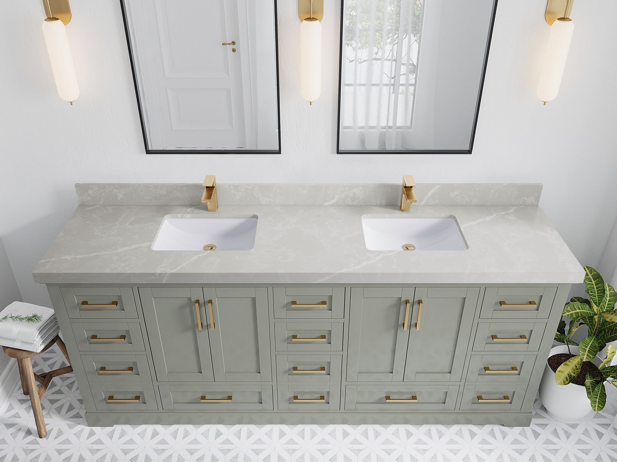 Boston 84 in. W x 22 in. D Double Sink Bathroom Vanity in Evergreen with 2 in Pearl Light Gray Quartz Countertop - Top View