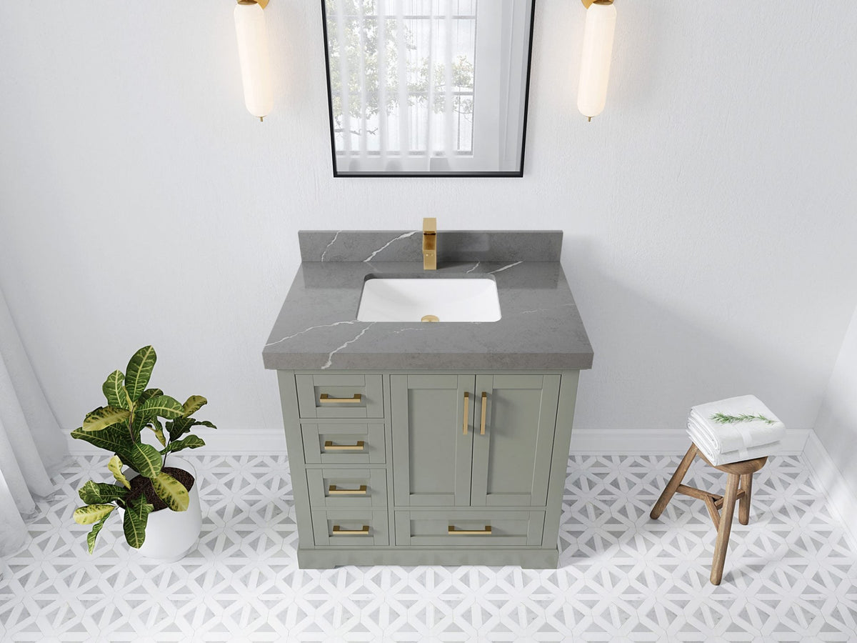 Boston 36 in. W x 22 in. D Single Sink Bathroom Vanity in Evergreen with 2 in Piatra Gray Quartz Countertop - Top View