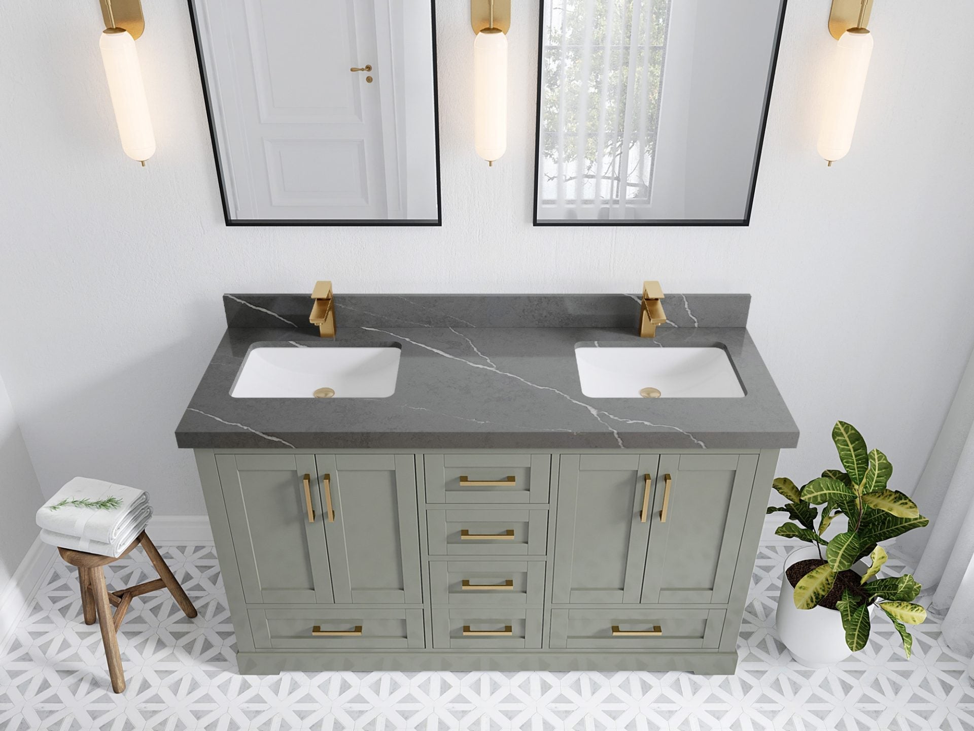 Boston 60 in. W x 22 in. D Double Sink Bathroom Vanity in Evergreen with 2 in Piatra Gray Quartz Countertop - Top View