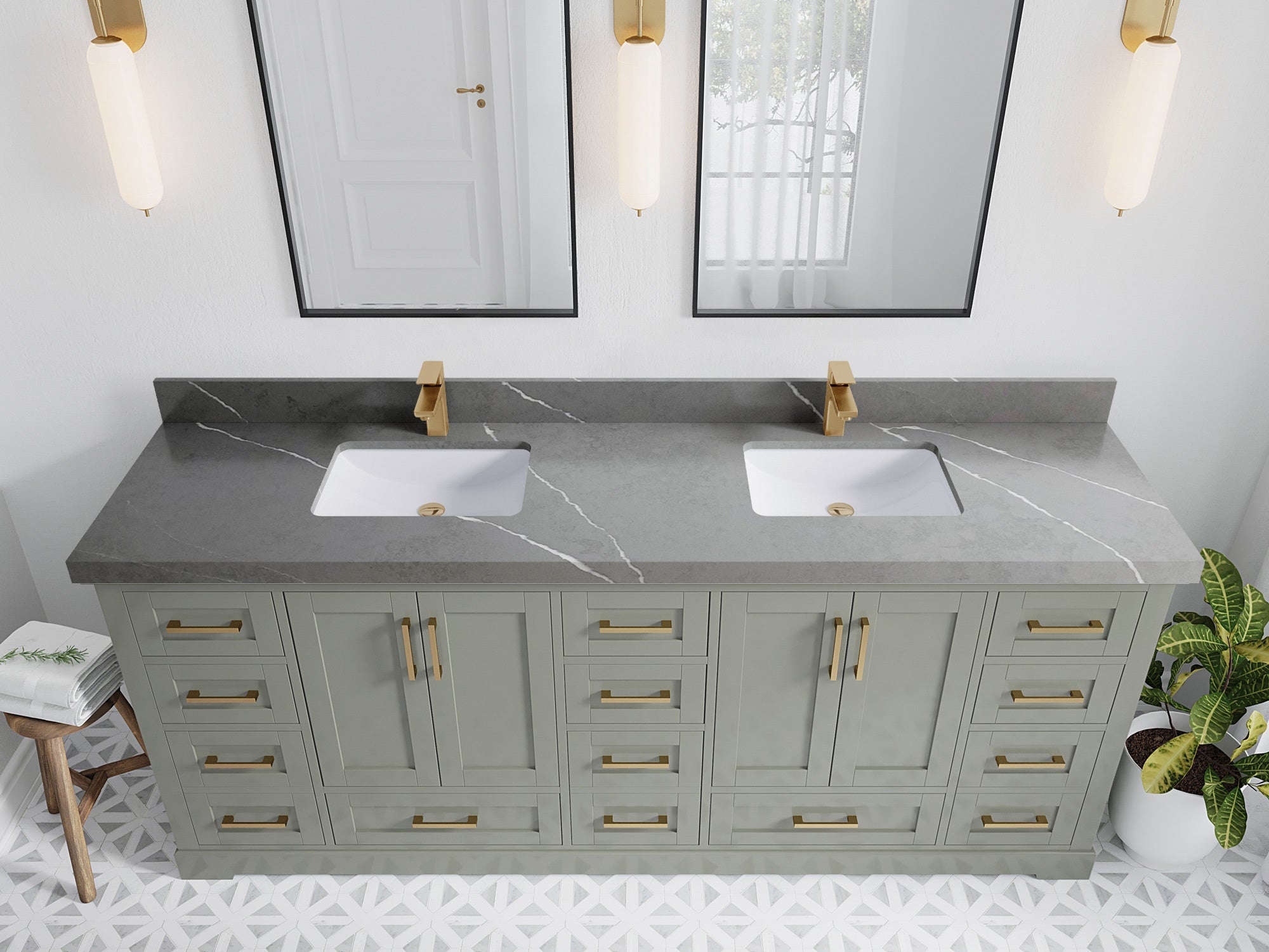 Boston 84 in. W x 22 in. D Double Sink Bathroom Vanity in Evergreen with 2 in Piatra Gray Quartz Countertop - Top View