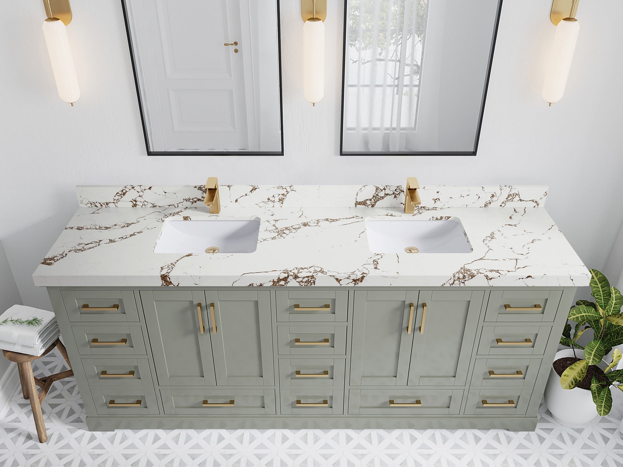 Boston 84 in. W x 22 in. D Double Sink Bathroom Vanity in Evergreen with 2 in Viola Brown Quartz Countertop - Top View