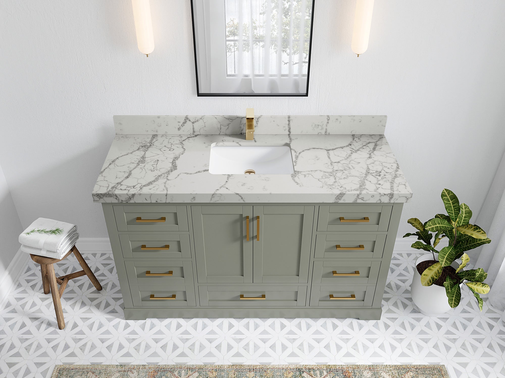 Boston 60 in. W x 22 in. D Single Sink Bathroom Vanity in Evergreen with 2 in Venatino Quartz Countertop - Top View