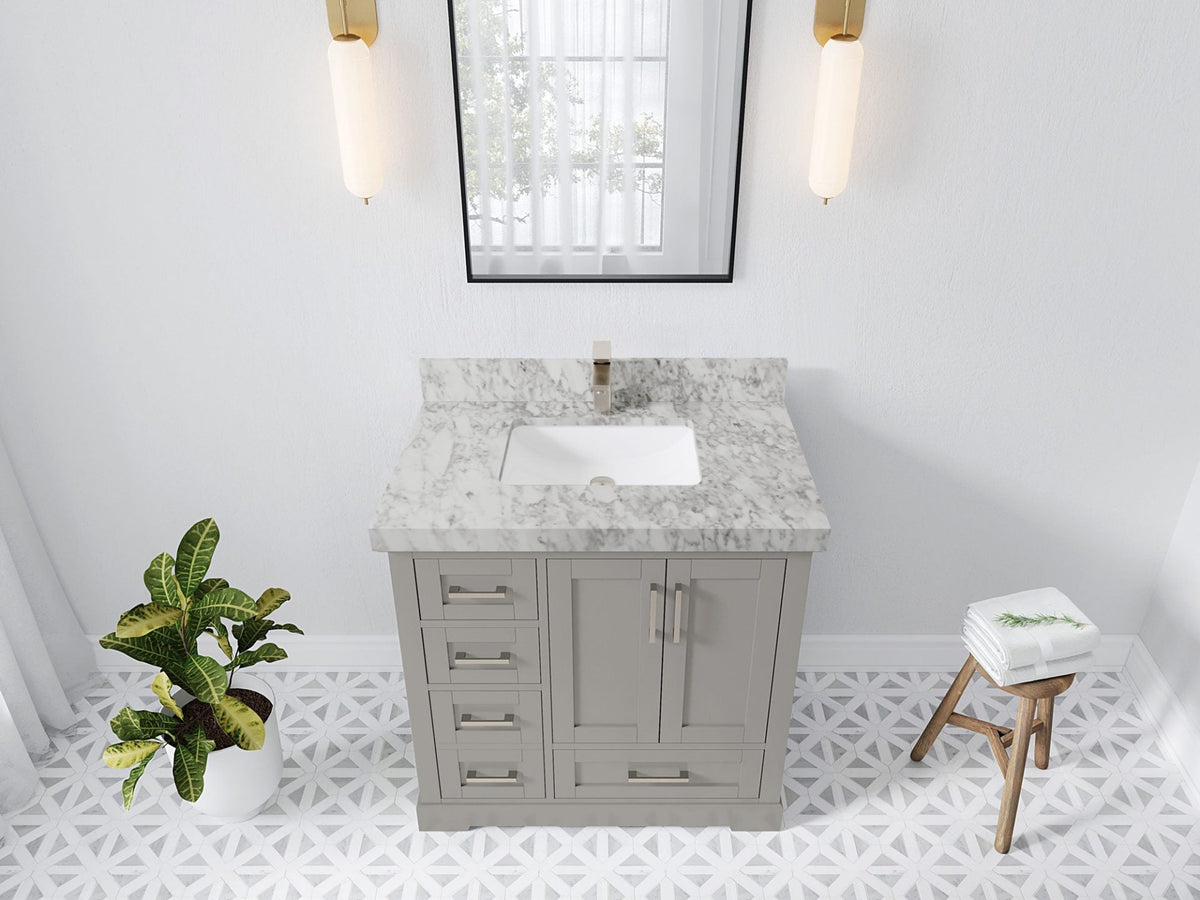 Boston 36 in. W x 22 in. D Single Sink Bathroom Vanity in Elephant Skin Gray with 2 in Carrara Marble Countertop - Top View