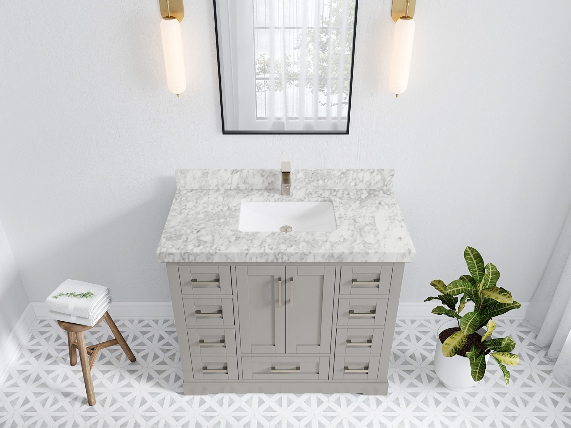 Boston 42 in. W x 22 in. D Double Sink Bathroom Vanity in Elephant Skin Gray with 2 in Carrara Marble Countertop - Top View