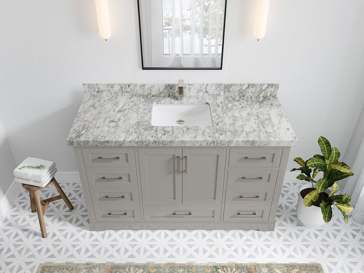 Boston 60 in. W x 22 in. D Single Sink Bathroom Vanity in Elephant Skin Gray with 2 in Carrara Marble Countertop - Top View