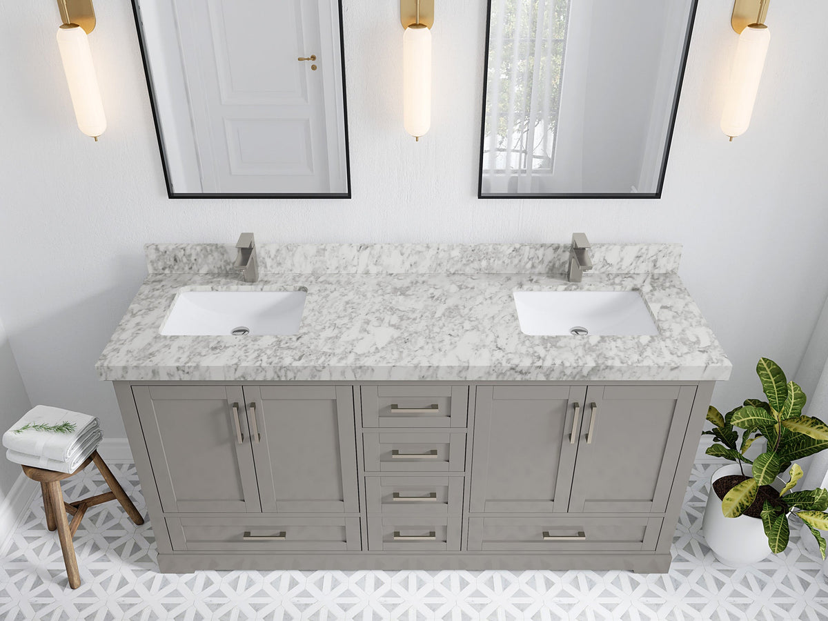 Boston 72 in. W x 22 in. D Double Sink Bathroom Vanity in Elephant Skin Gray with 2 in Carrara Marble Countertop - Top View