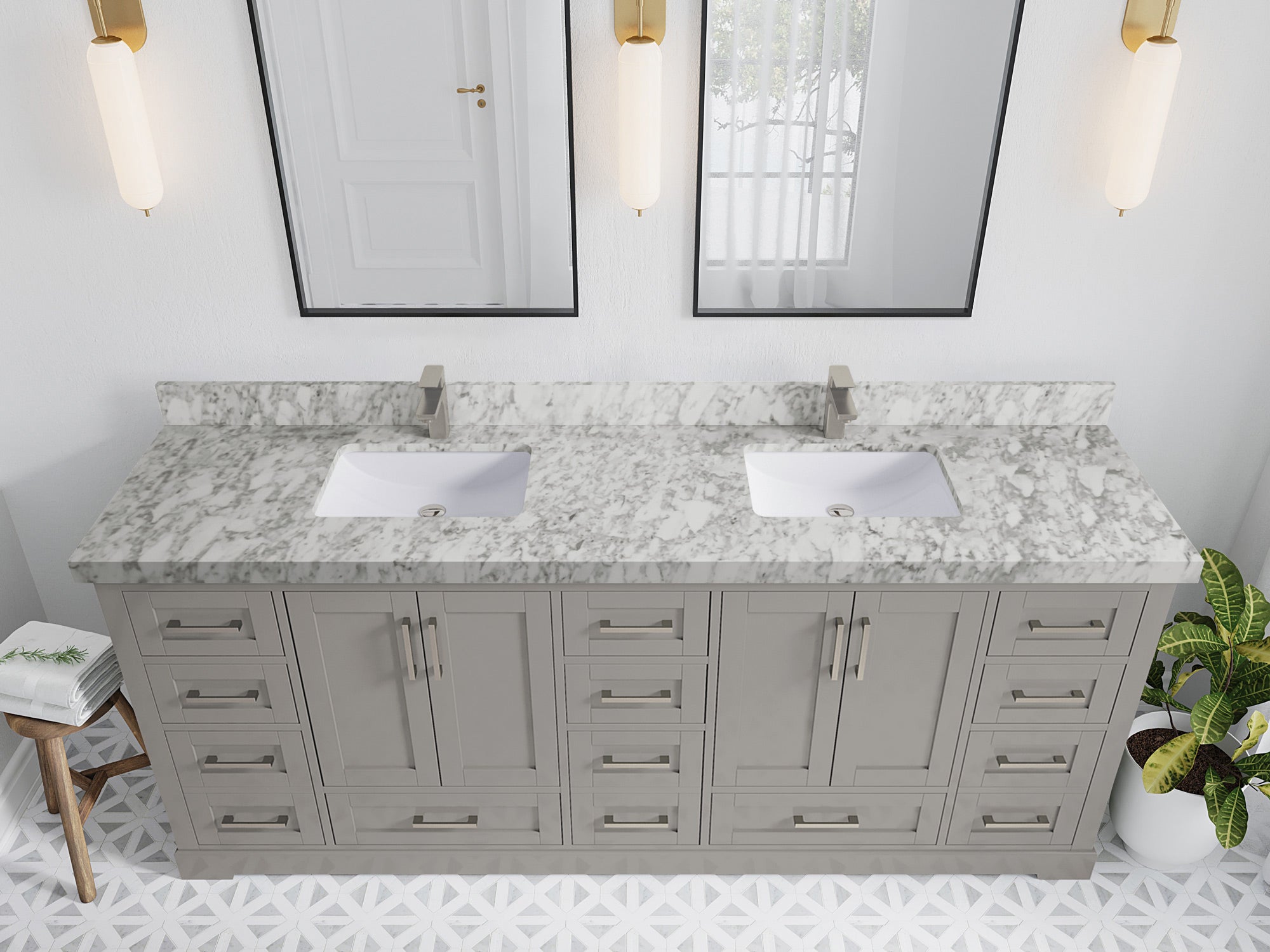 Boston 84 in. W x 22 in. D Double Sink Bathroom Vanity in Elephant Skin Gray with 2 in Carrara Marble Countertop - Top View