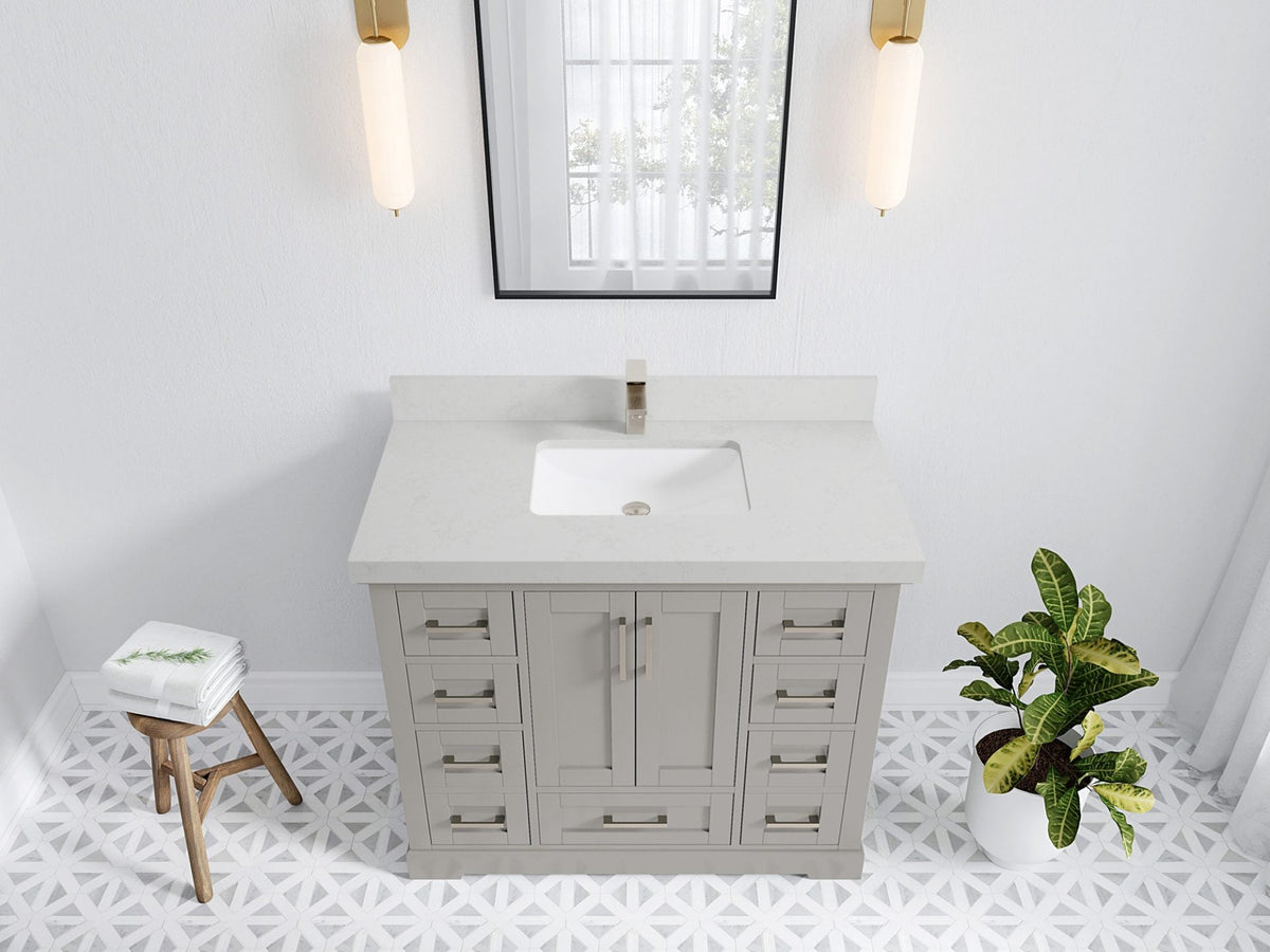 Boston 42 in. W x 22 in. D Double Sink Bathroom Vanity in Elephant Skin Gray with 2 in Carrara Quartz Countertop - Top View