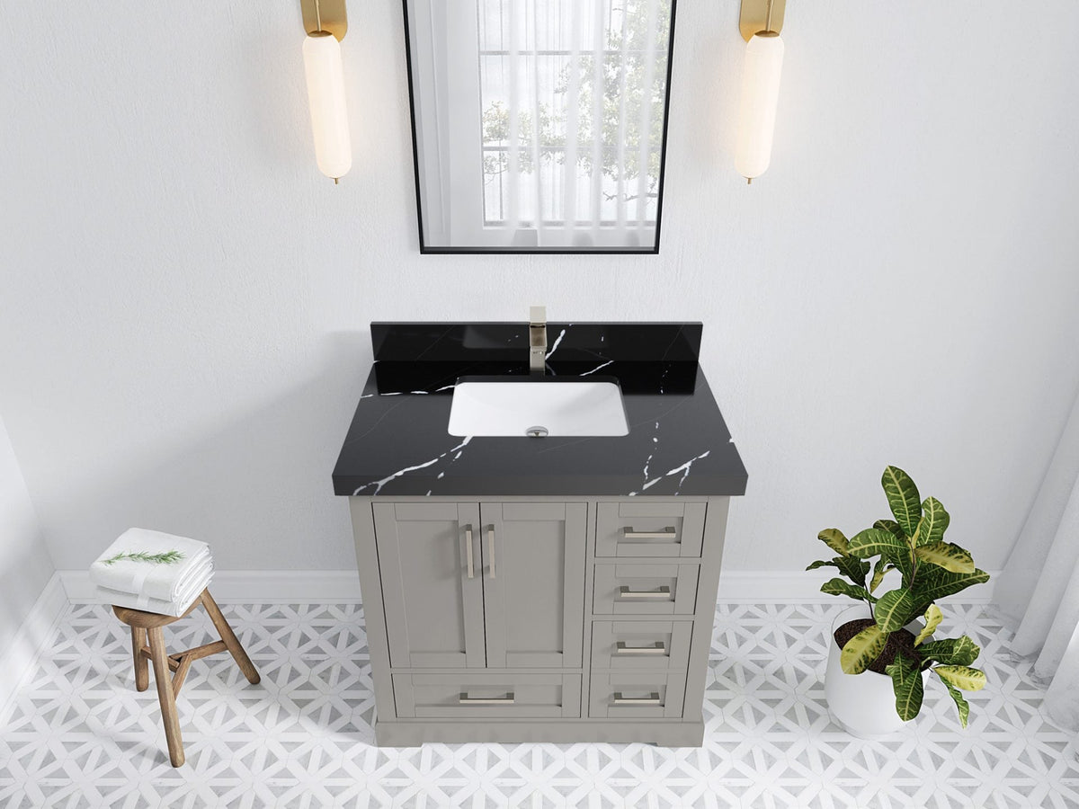 Boston 36 in. W x 22 in. D Single Sink Bathroom Vanity in Elephant Skin Gray with 2 in Calacatta Black Quartz Countertop - Top View