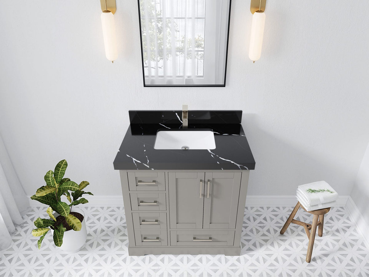 Boston 36 in. W x 22 in. D Single Sink Bathroom Vanity in Elephant Skin Gray with 2 in Calacatta Black Quartz Countertop - Top View