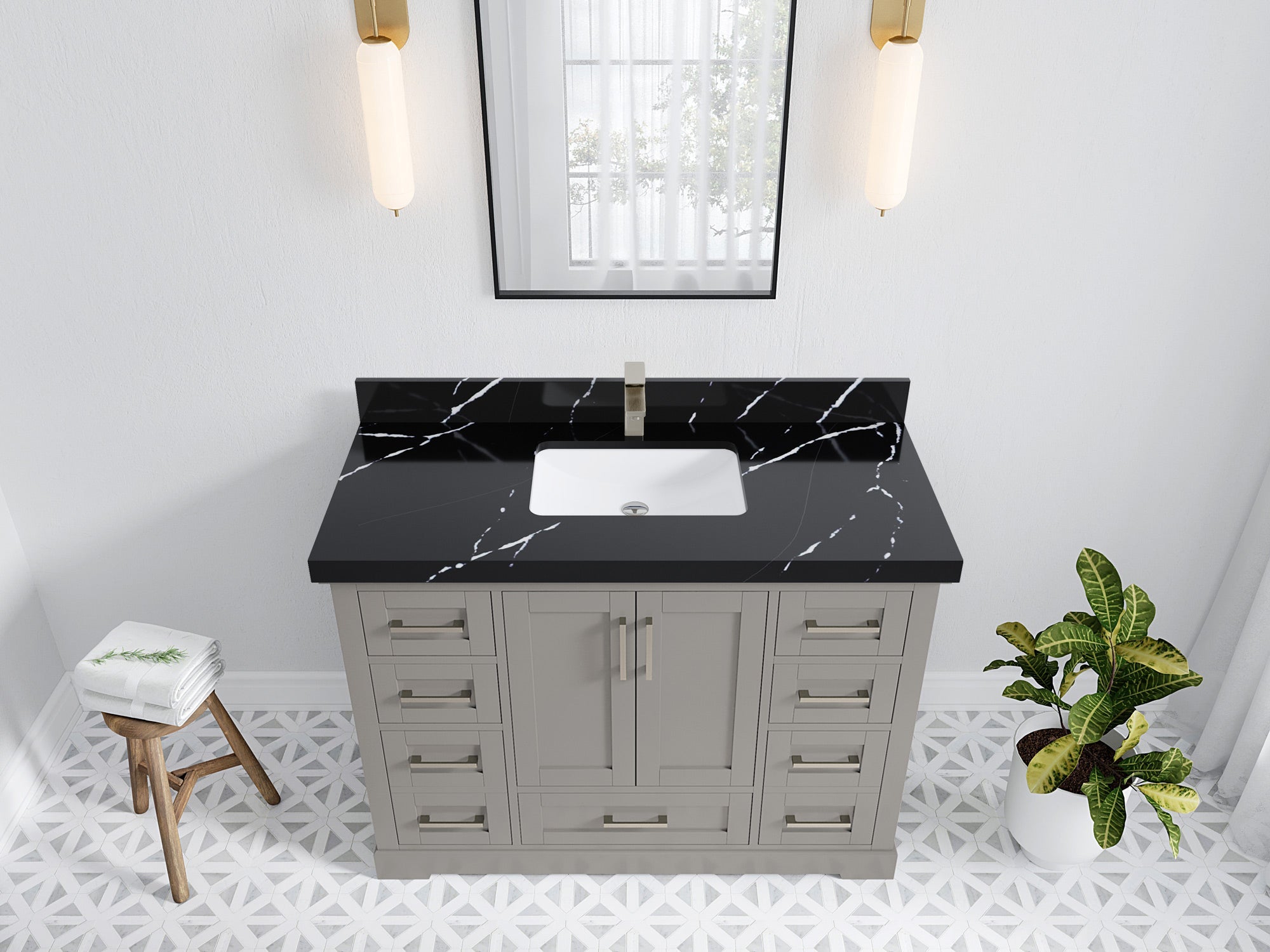 Boston 48 in. W x 22 in. D Single Sink Bathroom Vanity in Elephant Skin Gray with 2 in Calacatta Black Quartz Countertop - Top View