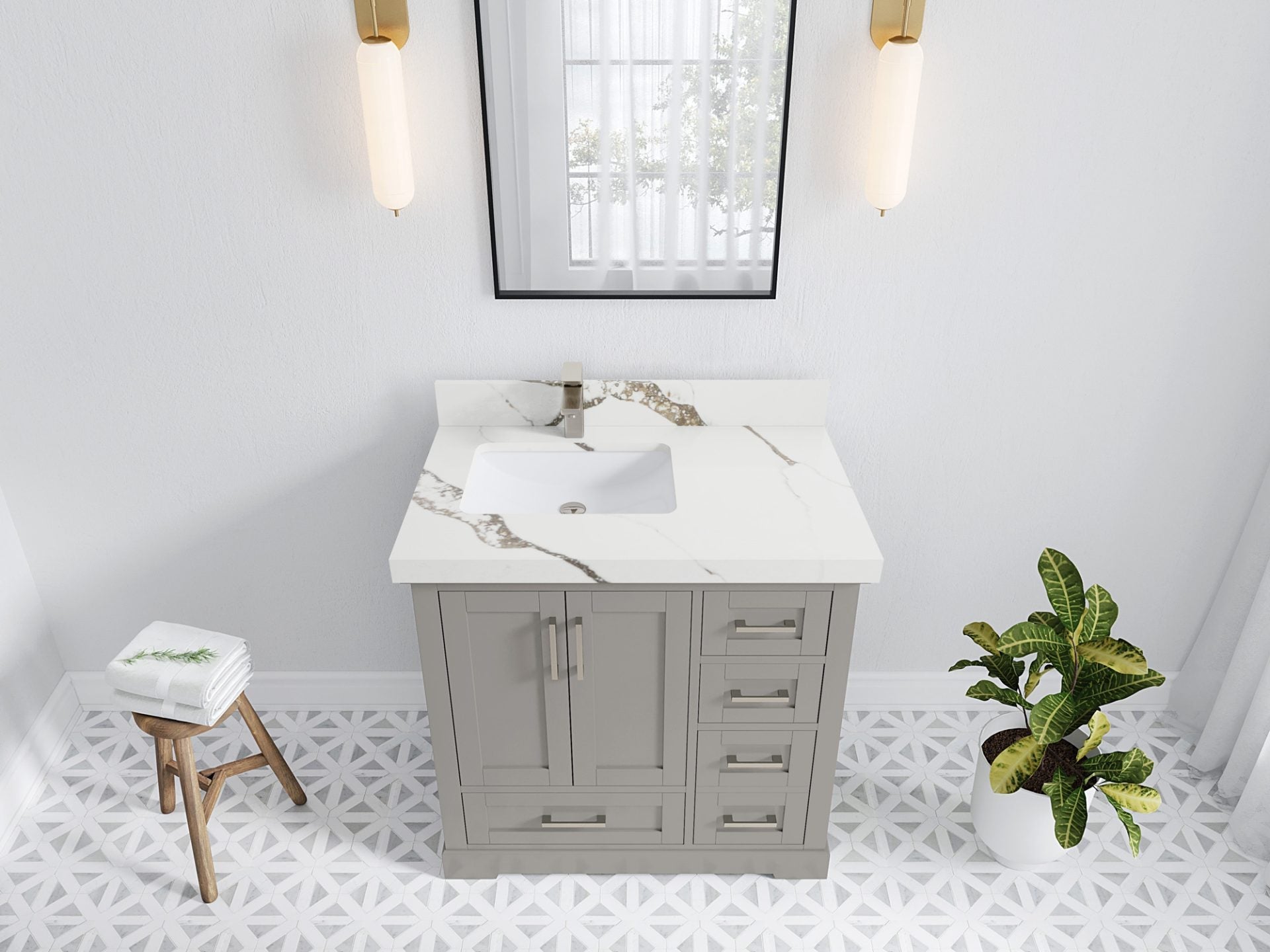 Boston 36 in. W x 22 in. D Single Sink Bathroom Vanity in Elephant Skin Gray with 2 in Calacatta Gold Quartz Countertop - Top View