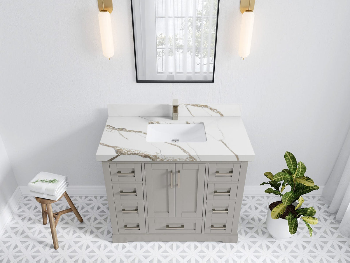 Boston 42 in. W x 22 in. D Double Sink Bathroom Vanity in Elephant Skin Gray with 2 in Calacatta Gold Quartz Countertop - Top View