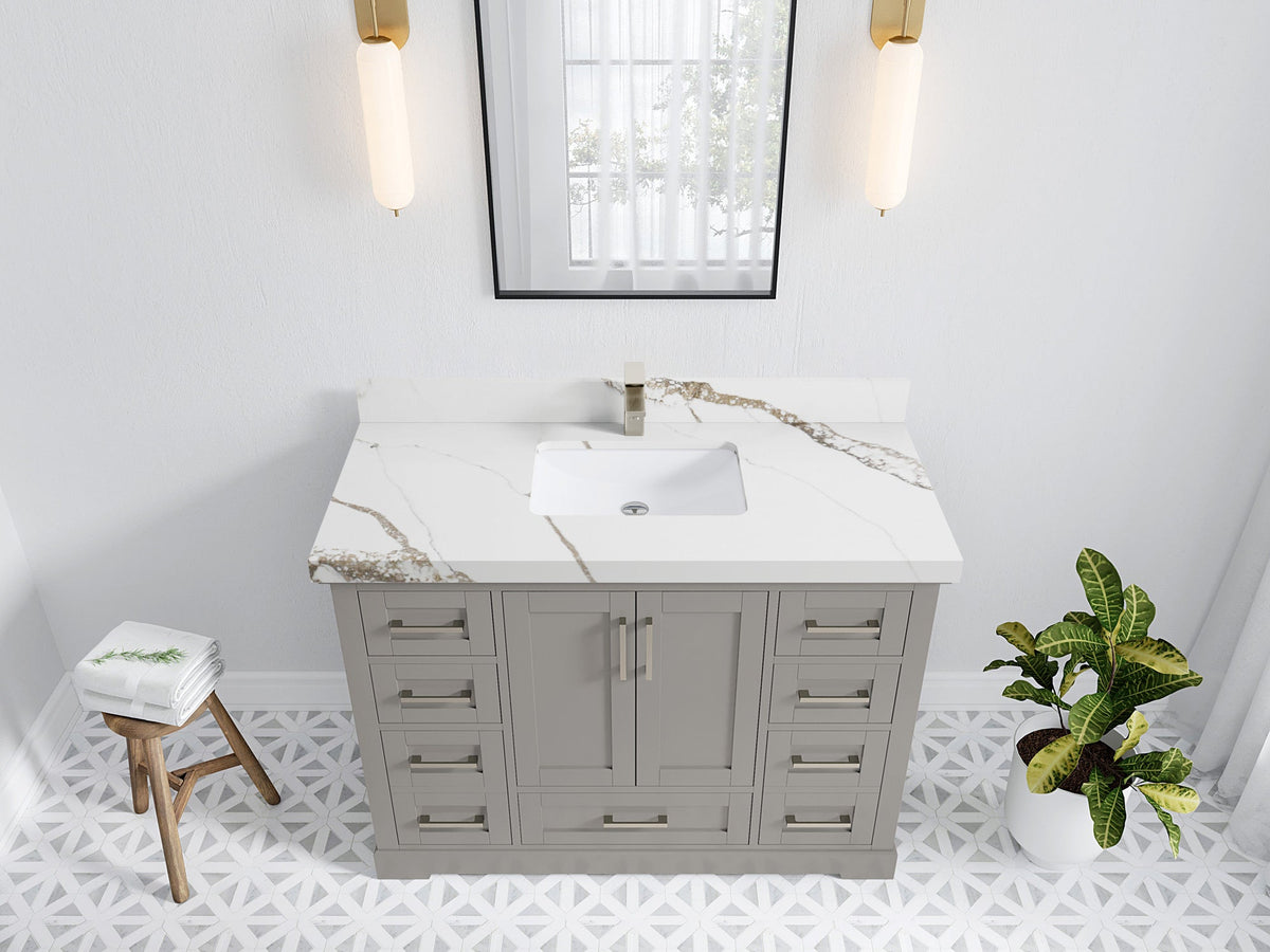 Boston 48 in. W x 22 in. D Single Sink Bathroom Vanity in Elephant Skin Gray with 2 in Calacatta Gold Quartz Countertop - Top View