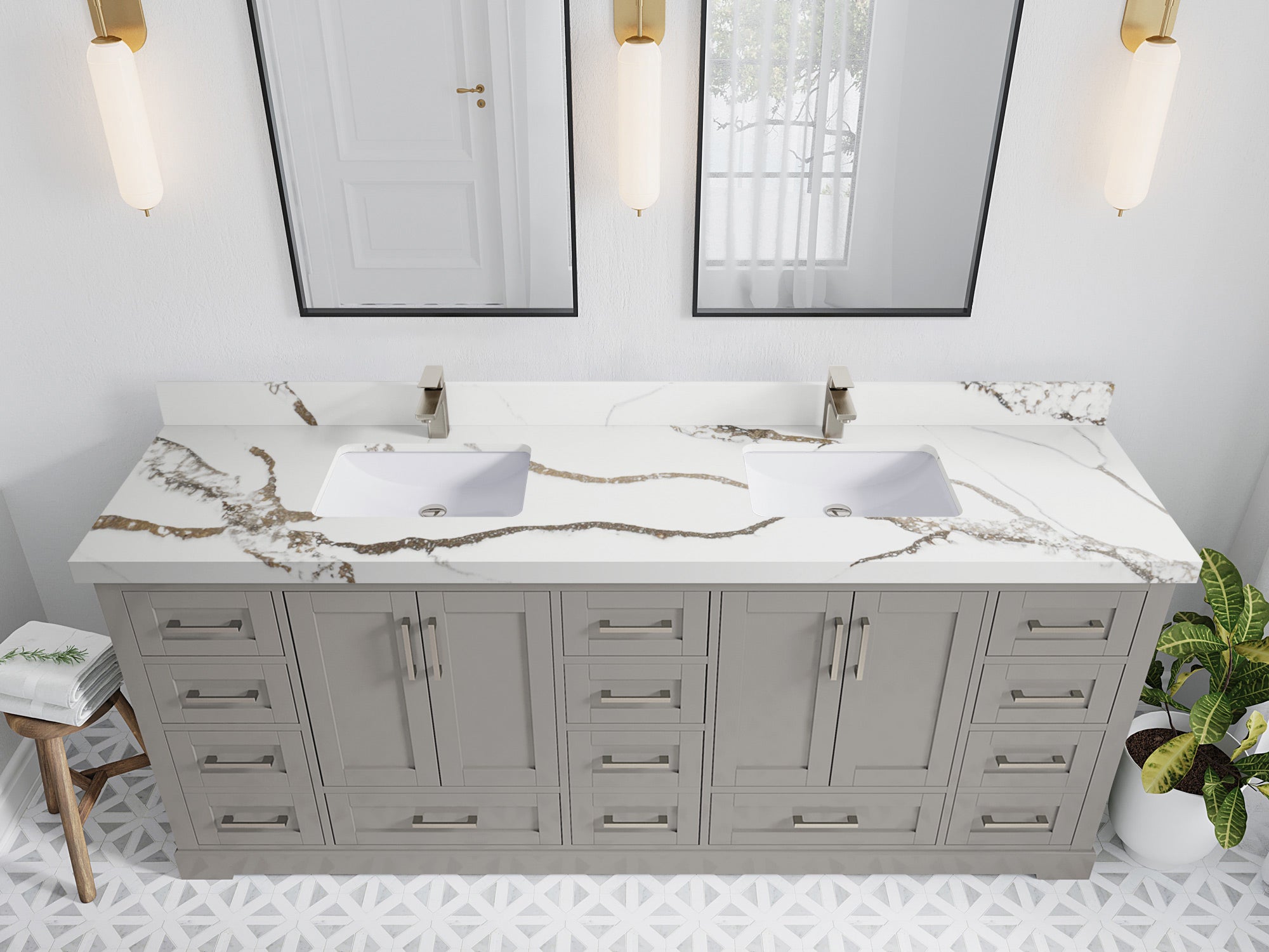 Boston 84 in. W x 22 in. D Double Sink Bathroom Vanity in Elephant Skin Gray with 2 in Calacatta Gold Quartz Countertop - Top View
