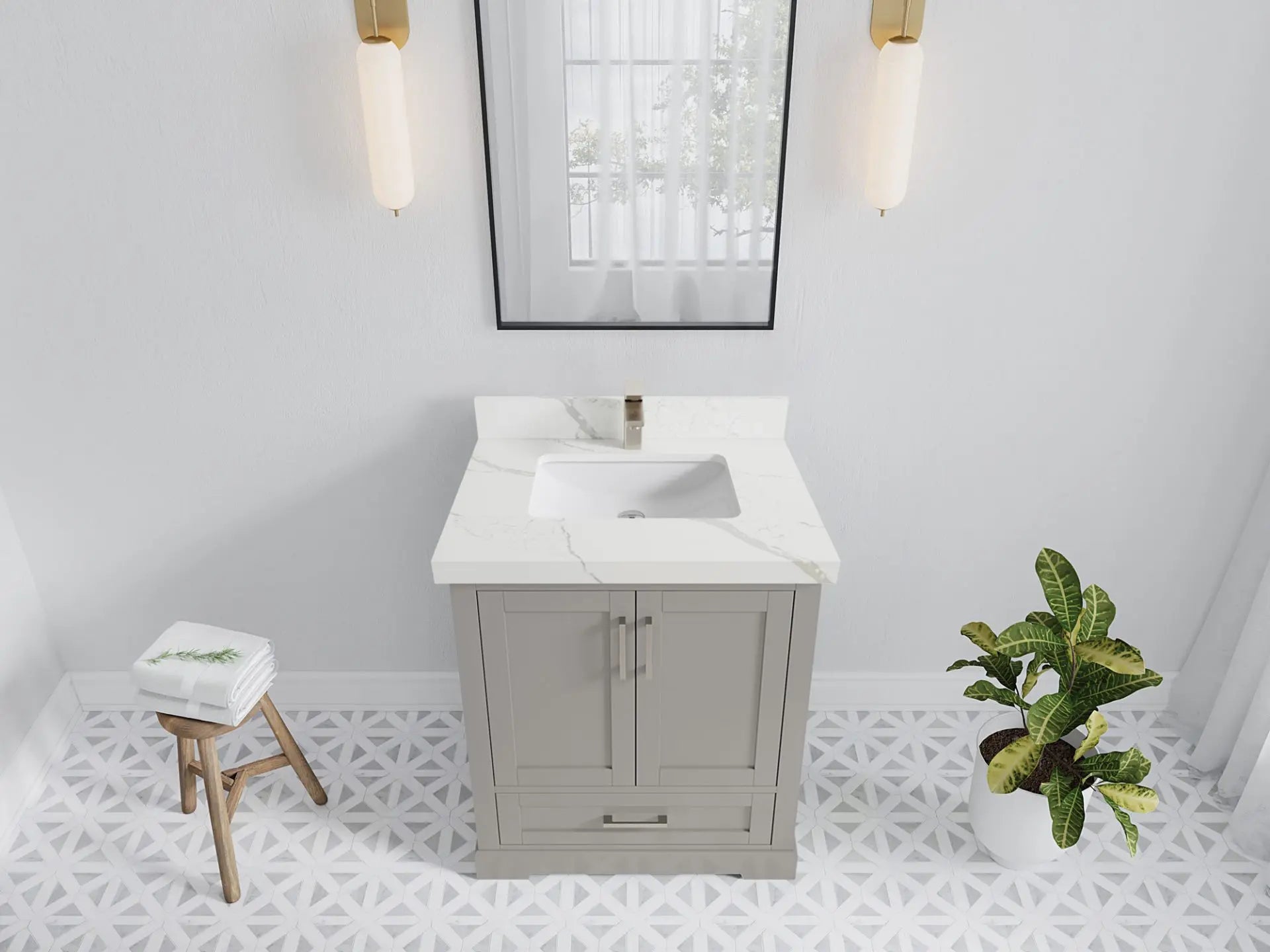 Boston 30 in. W x 22 in. D Single Sink Bathroom Vanity in Elephant Skin Gray with 2 in Calacatta Laza Quartz Countertop - Top View