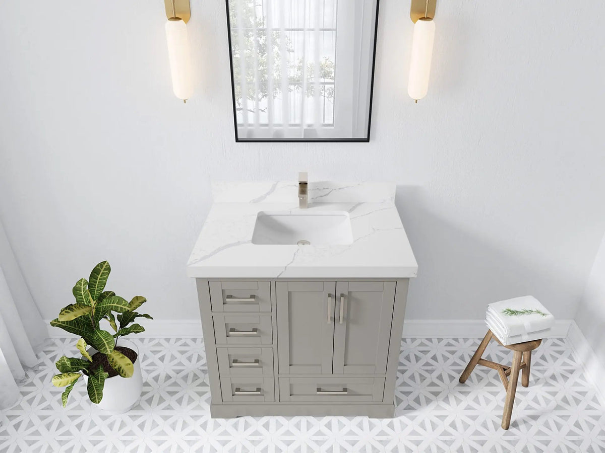 Boston 36 in. W x 22 in. D Single Sink Bathroom Vanity in Elephant Skin Gray with 2 in Calacatta Laza Quartz Countertop - Top View