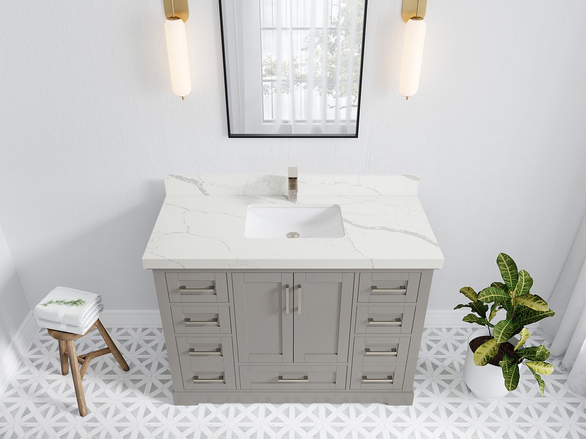 Boston 48 in. W x 22 in. D Single Sink Bathroom Vanity in Elephant Skin Gray with 2 in Calacatta Laza Quartz Countertop - Top View