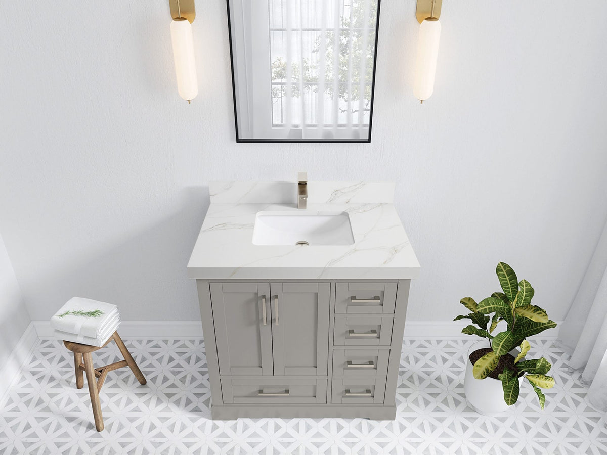 Boston 36 in. W x 22 in. D Single Sink Bathroom Vanity in Elephant Skin Gray with 2 in Calacatta Sienna Quartz Countertop - Top View