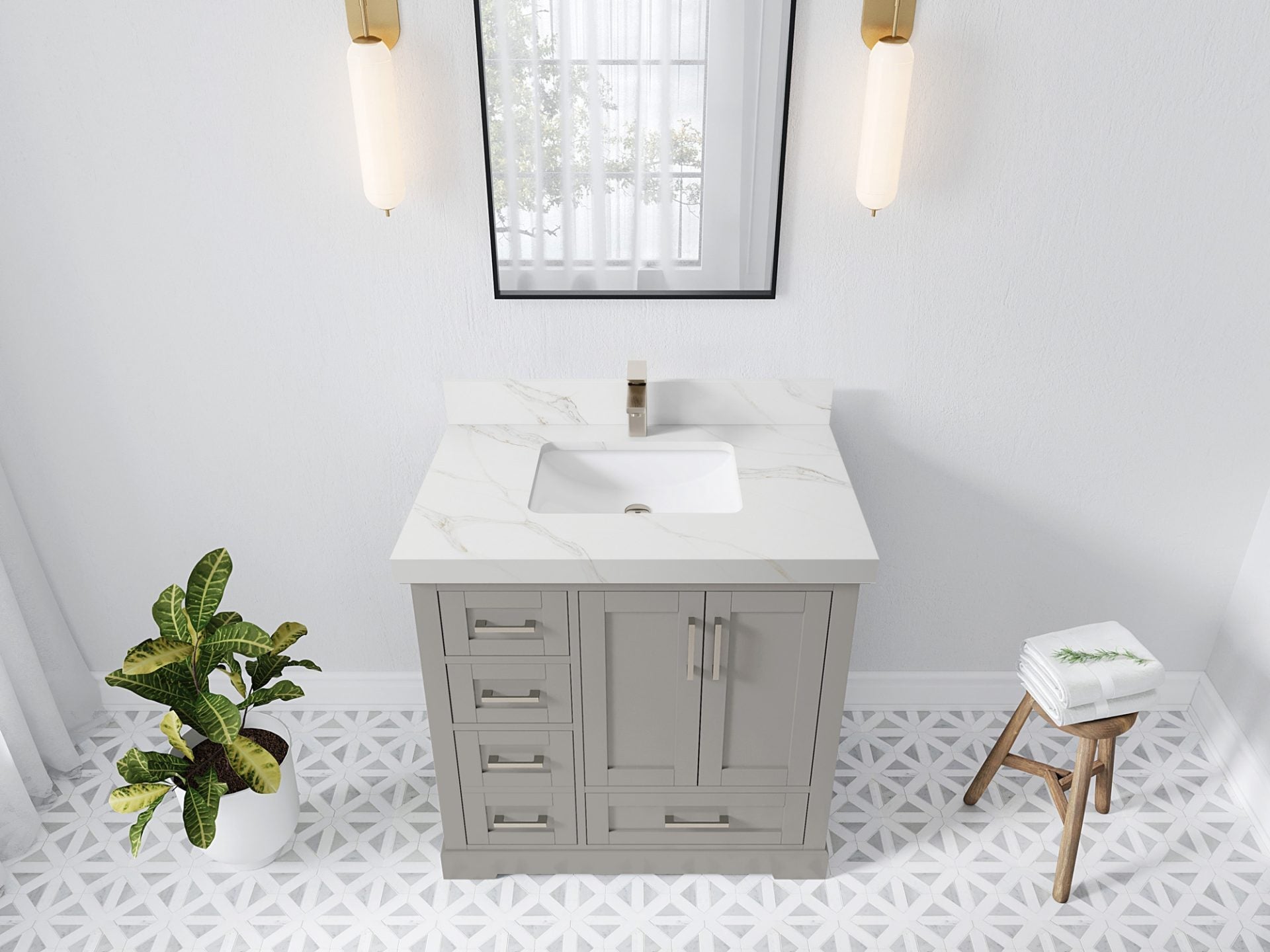 Boston 36 in. W x 22 in. D Single Sink Bathroom Vanity in Elephant Skin Gray with 2 in Calacatta Sienna Quartz Countertop - Top View