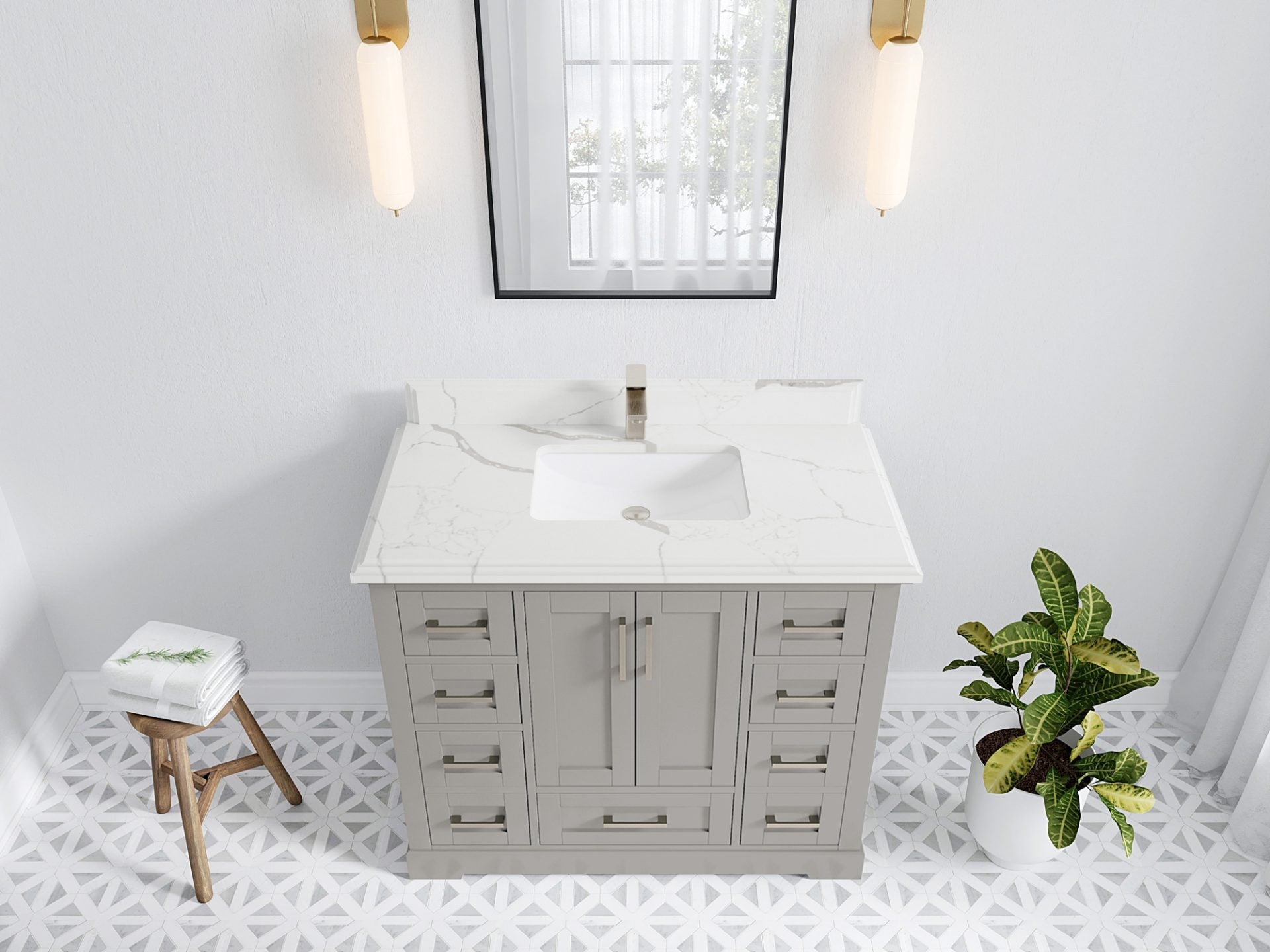 Boston 42 in. W x 22 in. D Double Sink Bathroom Vanity in Elephant Skin Gray with 1.5 in Double Cove Edge Calacatta Laza Quartz Countertop - Top View