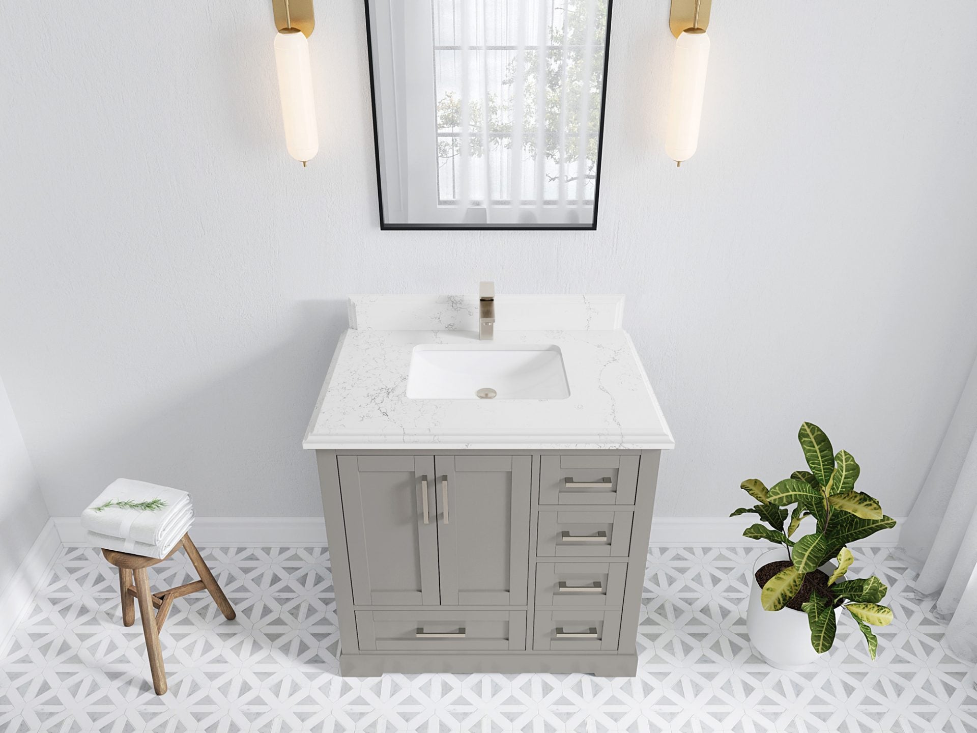 Boston 36 in. W x 22 in. D Single Sink Bathroom Vanity in Elephant Skin Gray with 1.5 in Double Cove Edge Empira White Quartz Countertop - Top View