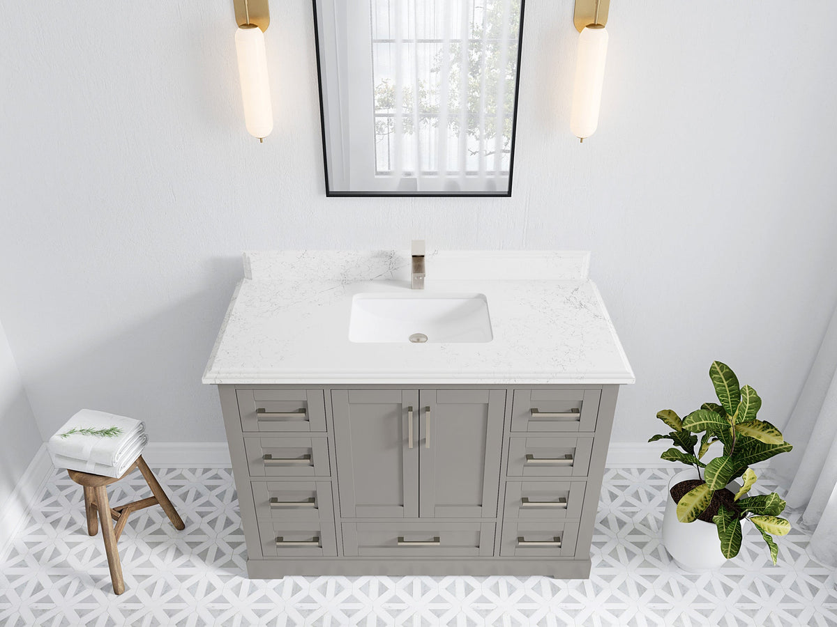 Boston 48 in. W x 22 in. D Single Sink Bathroom Vanity in Elephant Skin Gray with 1.5 in Double Cove Edge Empira White Quartz Countertop - Top View