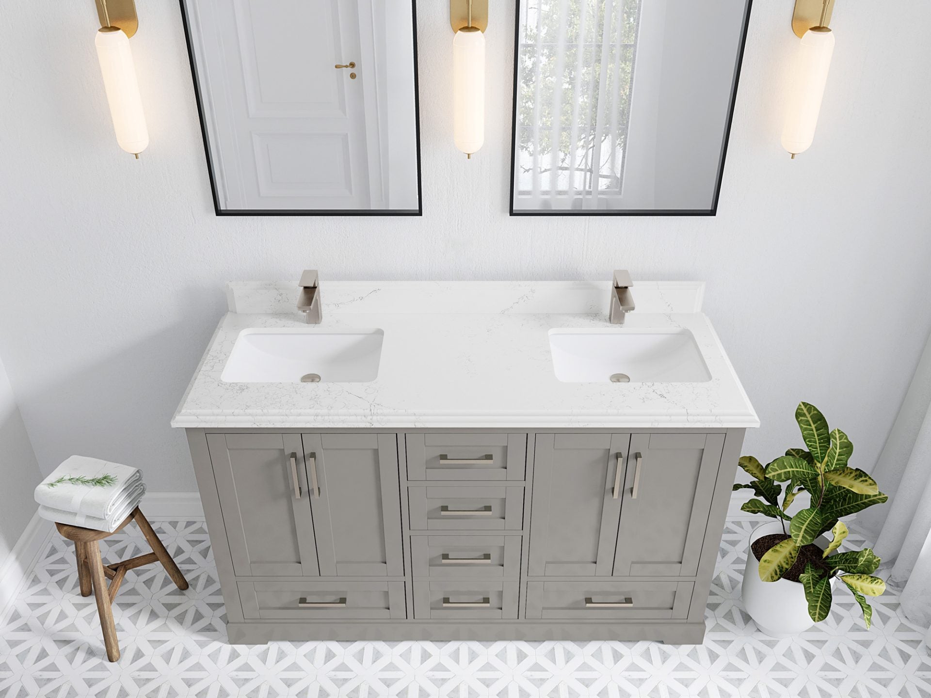Boston 60 in. W x 22 in. D Double Sink Bathroom Vanity in Elephant Skin Gray with 1.5 in Double Cove Edge Empira White Quartz Countertop - Top View