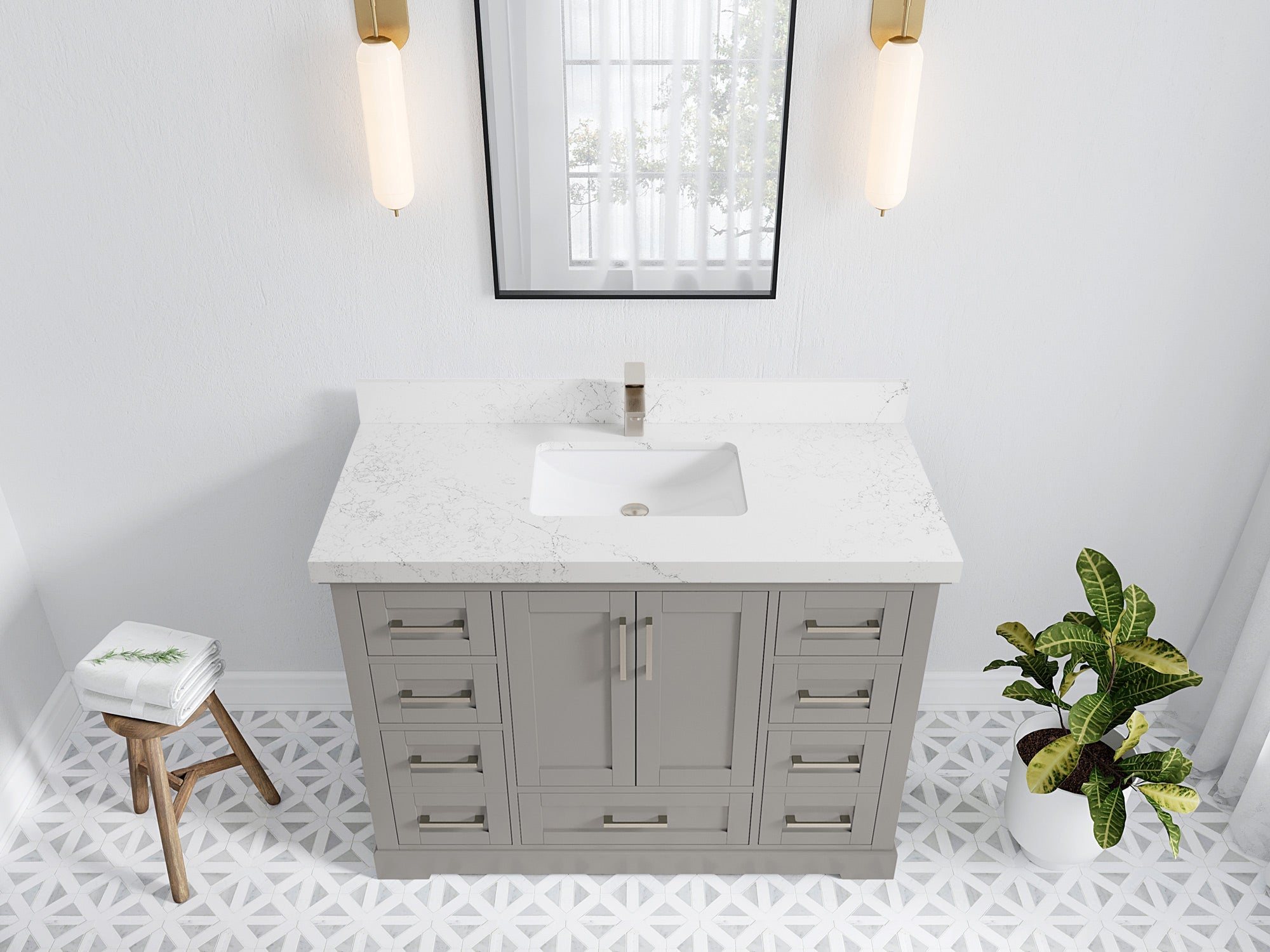 Boston 48 in. W x 22 in. D Single Sink Bathroom Vanity in Elephant Skin Gray with 2 in Empira White Quartz Countertop - Top View
