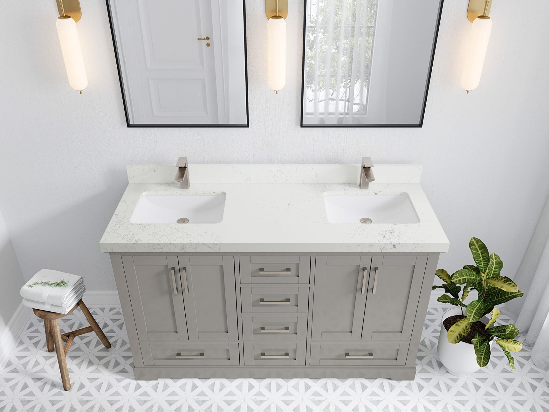 Boston 60 in. W x 22 in. D Double Sink Bathroom Vanity in Elephant Skin Gray with 2 in Empira White Quartz Countertop - Top View