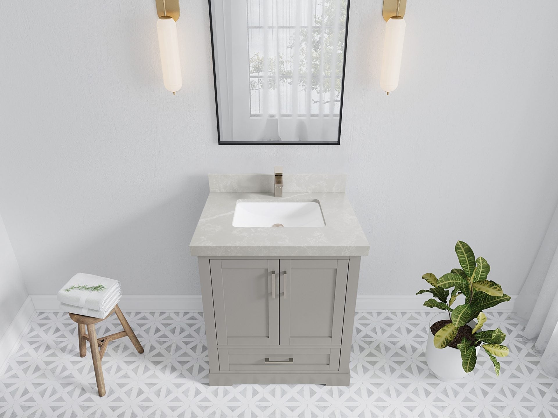 Boston 30 in. W x 22 in. D Single Sink Bathroom Vanity in Elephant Skin Gray with 2 in Pearl Light Gray Quartz Countertop - Top View