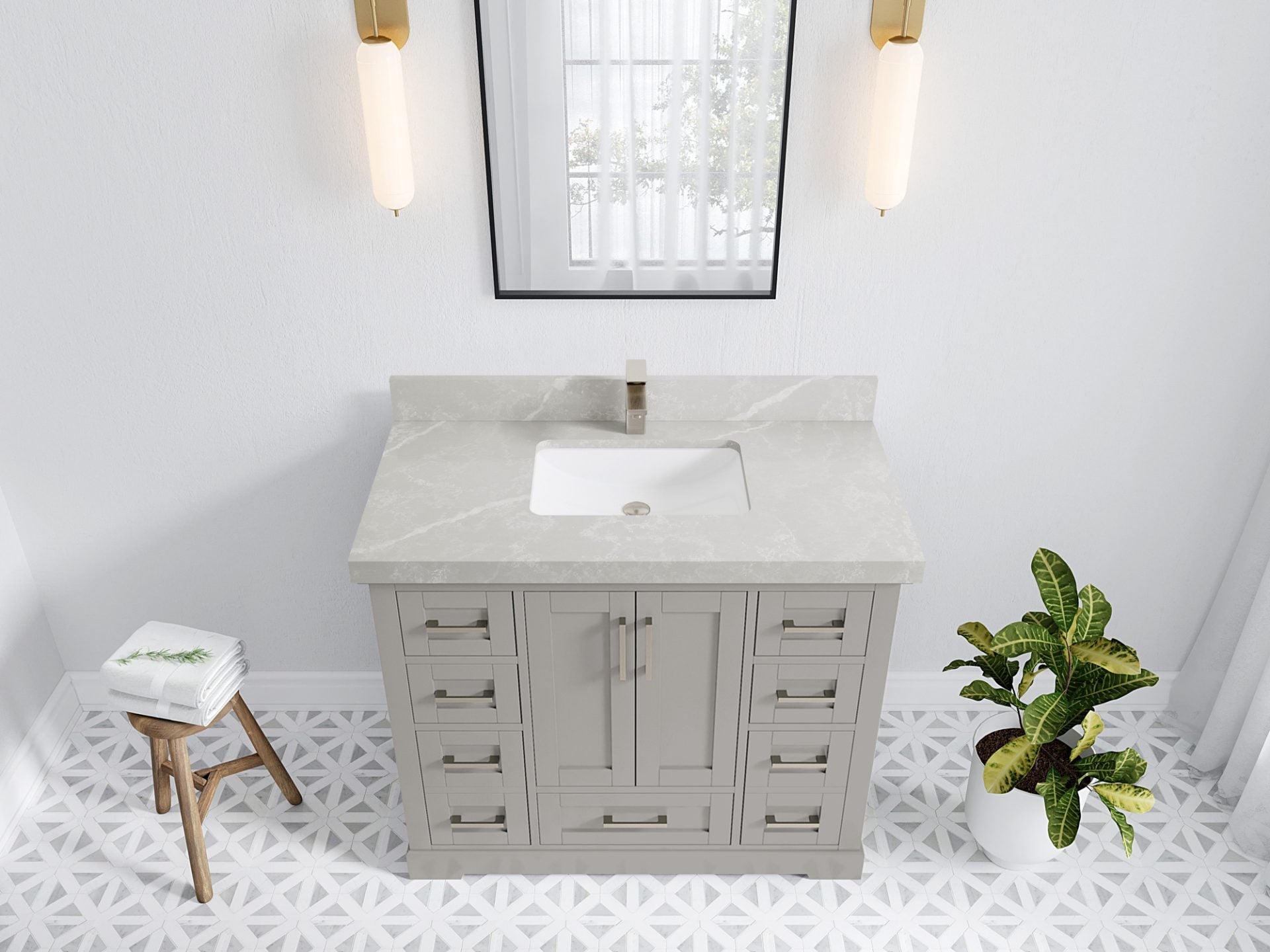 Boston 42 in. W x 22 in. D Double Sink Bathroom Vanity in Elephant Skin Gray with 2 in Pearl Light Gray Quartz Countertop - Top View