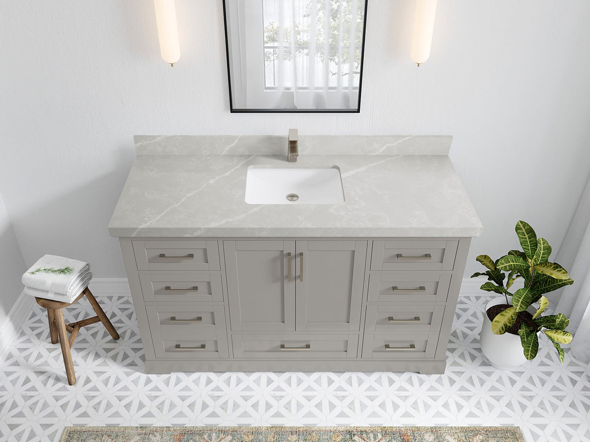 Boston 60 in. W x 22 in. D Single Sink Bathroom Vanity in Elephant Skin Gray with 2 in Pearl Light Gray Quartz Countertop - Top View