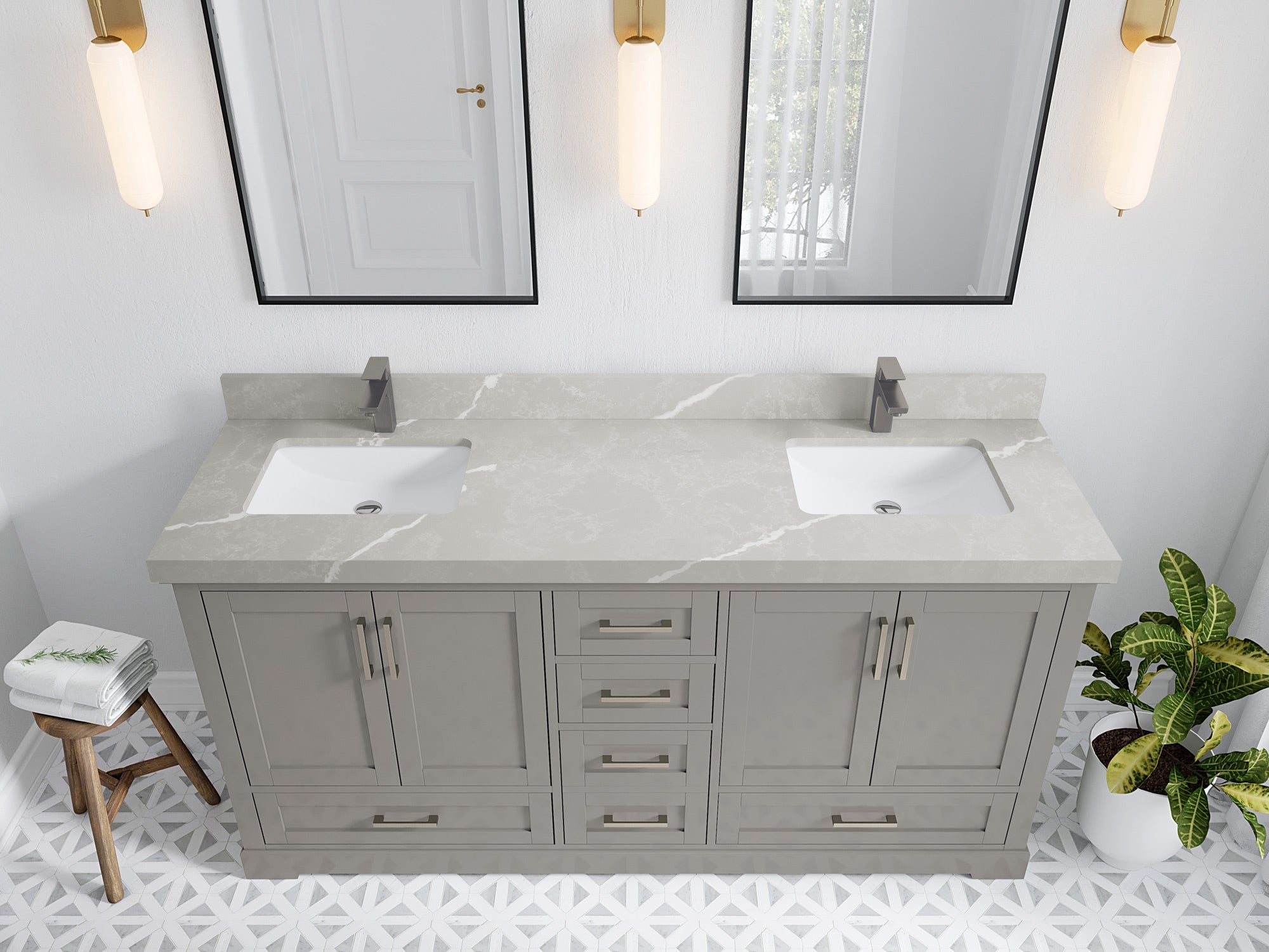 Boston 72 in. W x 22 in. D Double Sink Bathroom Vanity in Elephant Skin Gray with 2 in Pearl Light Gray Quartz Countertop - Top View